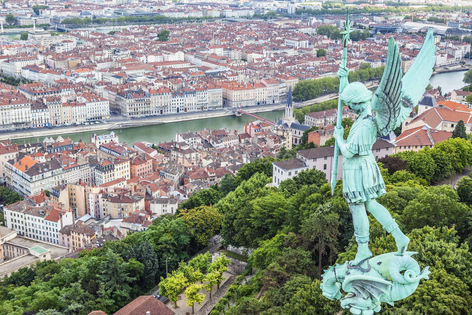 Aerial view of Lyon from the top of Notre Dame de Fourviere 