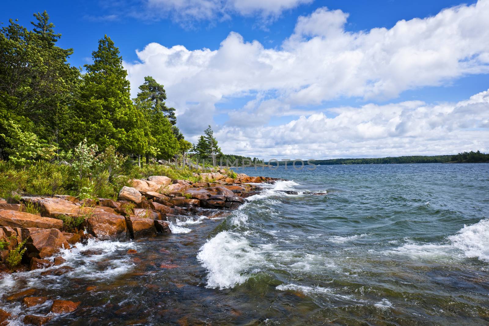 Rocky lake shore of Georgian Bay in Killbear provincial park near Parry Sound, Ontario, Canada.