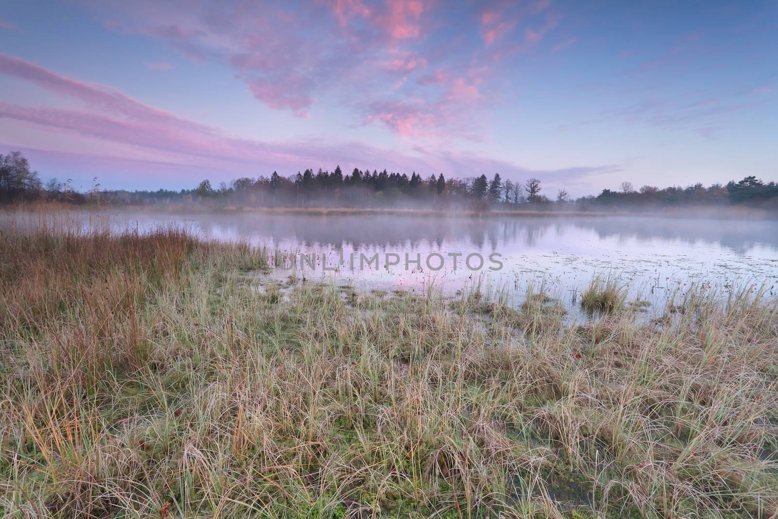 sunrise over lake in cold autumn morning, Friesland, Netherlands