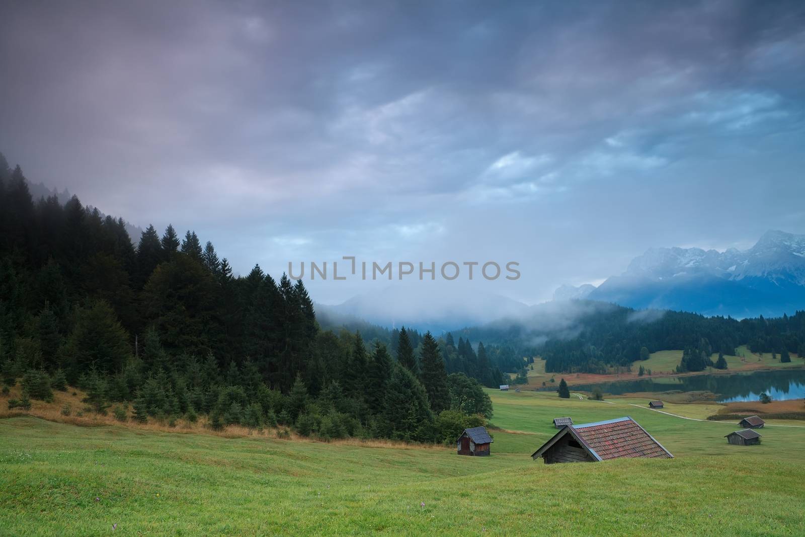misty sunrise on alpine meadows, Bavaria, Germany