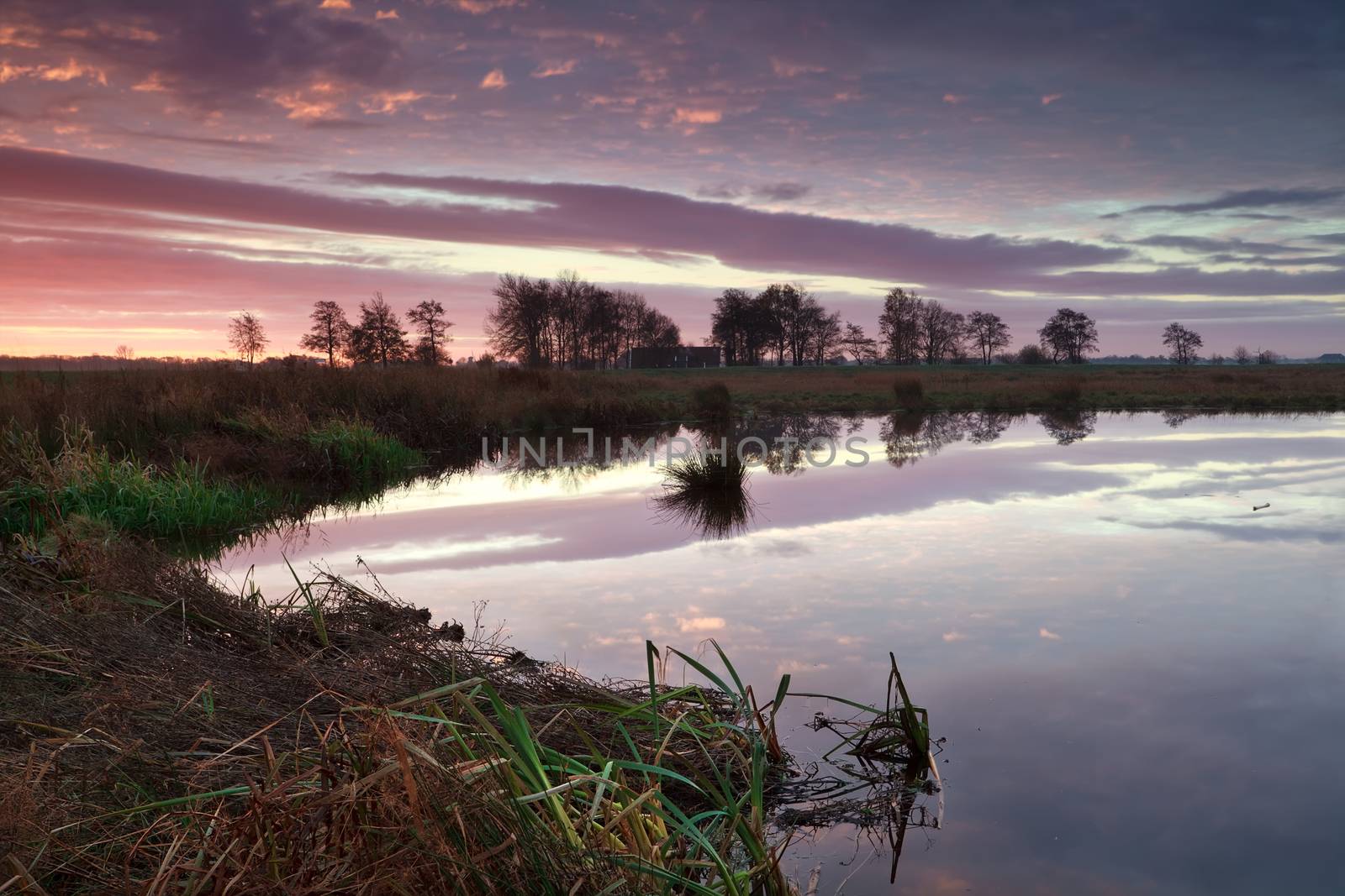 purple sunrise sky reflected in river, Onlanden, Drenthe, Netherlands