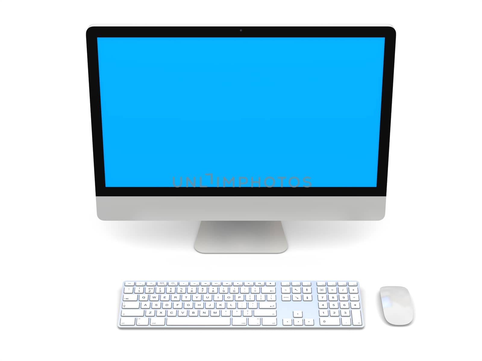 Modern desktop computer with blue screen isolated on white background