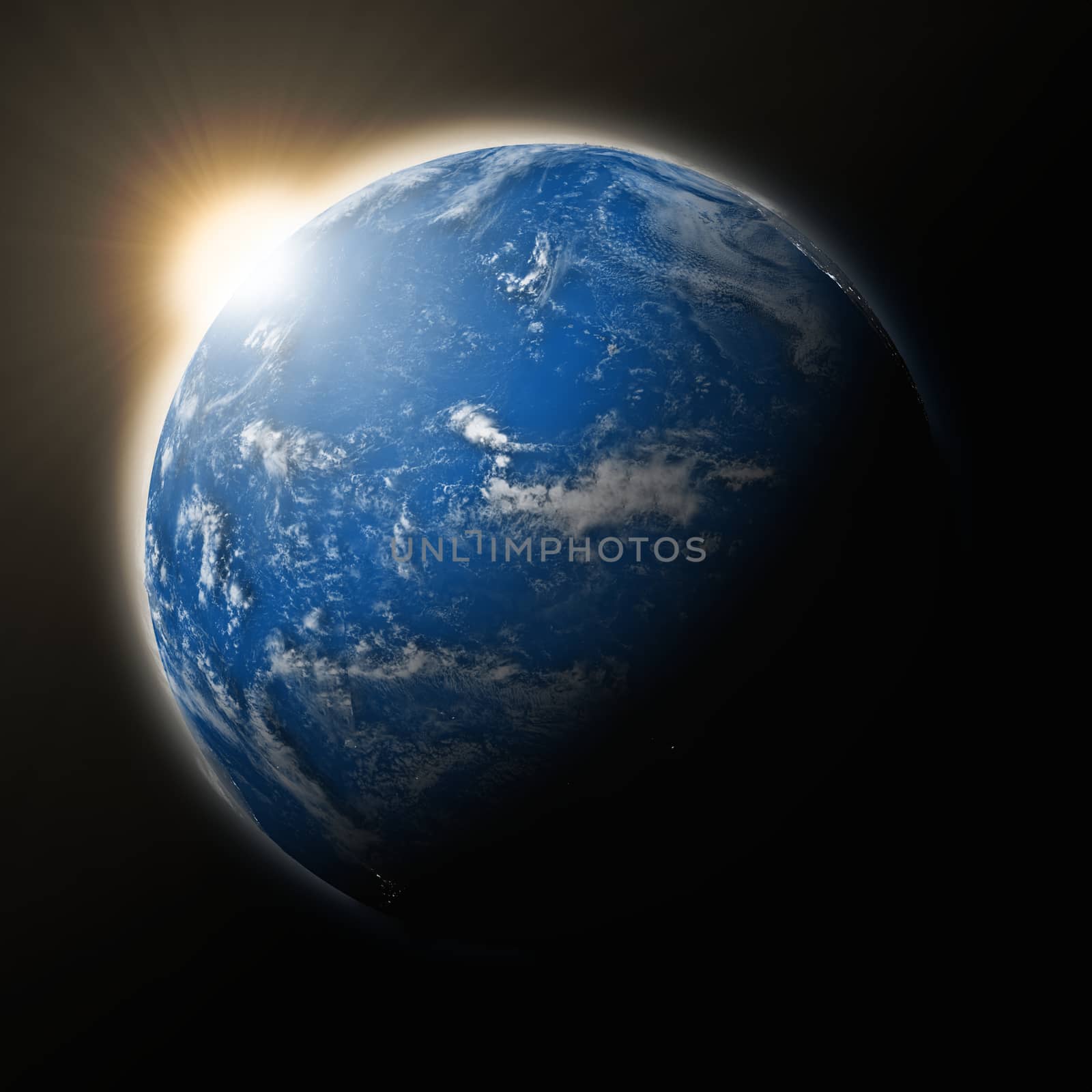 Sun over Pacific Ocean on blue planet Earth isolated on black background. Highly detailed planet surface. Elements of this image furnished by NASA.