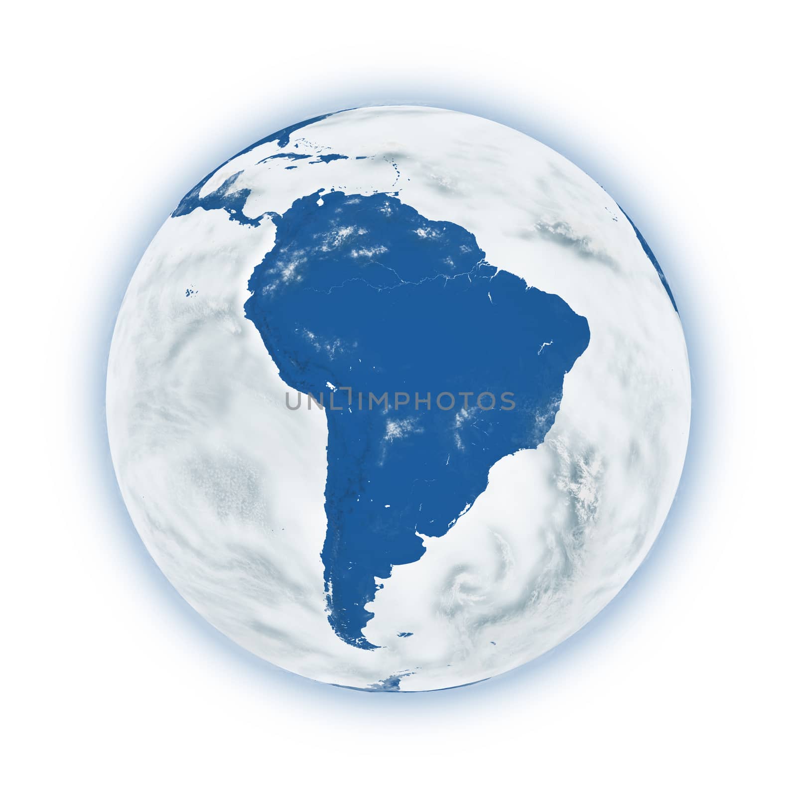 South America on blue planet Earth isolated on white background. Highly detailed planet surface. Elements of this image furnished by NASA.