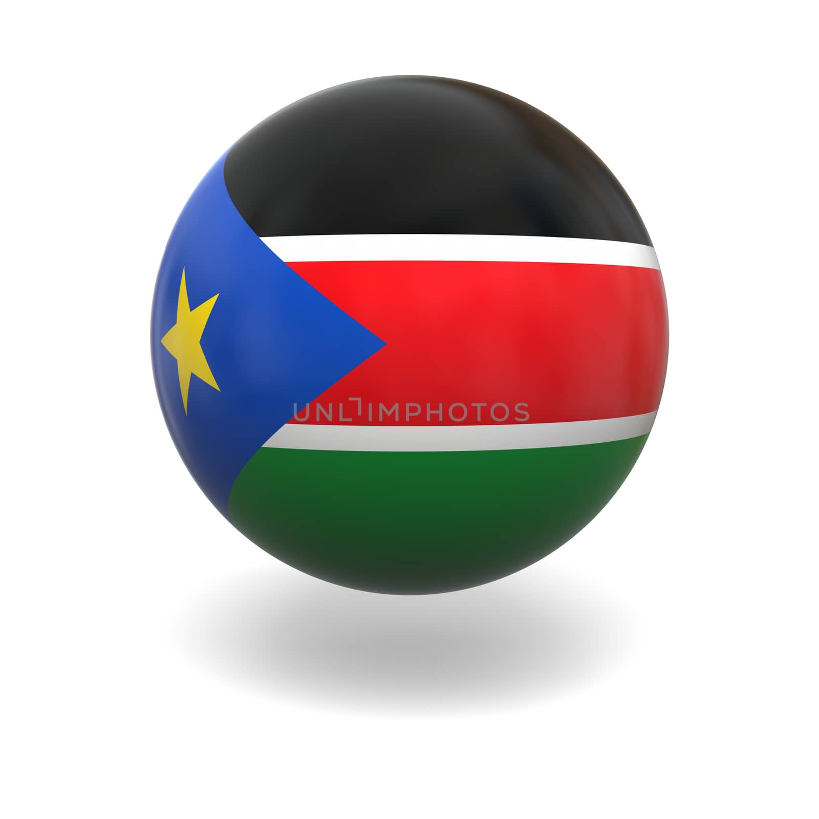 National flag of South Sudan on sphere isolated on white background