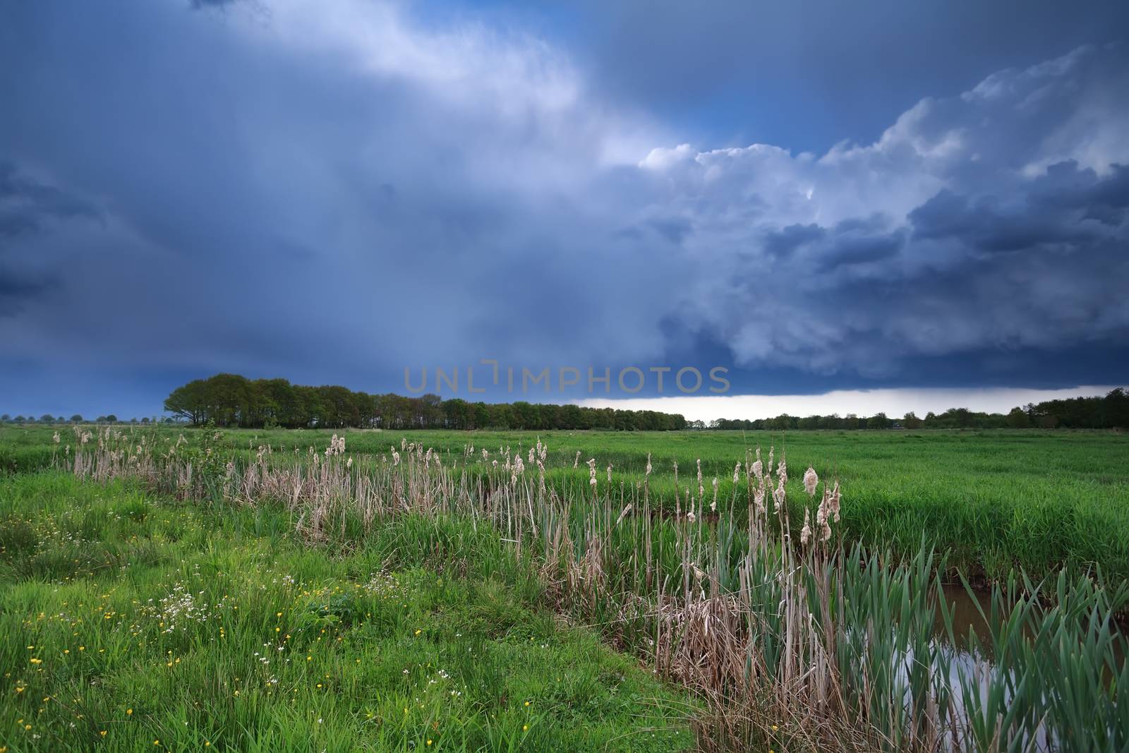 dark stormy sky over river in summer, Drenthe, Netherlands