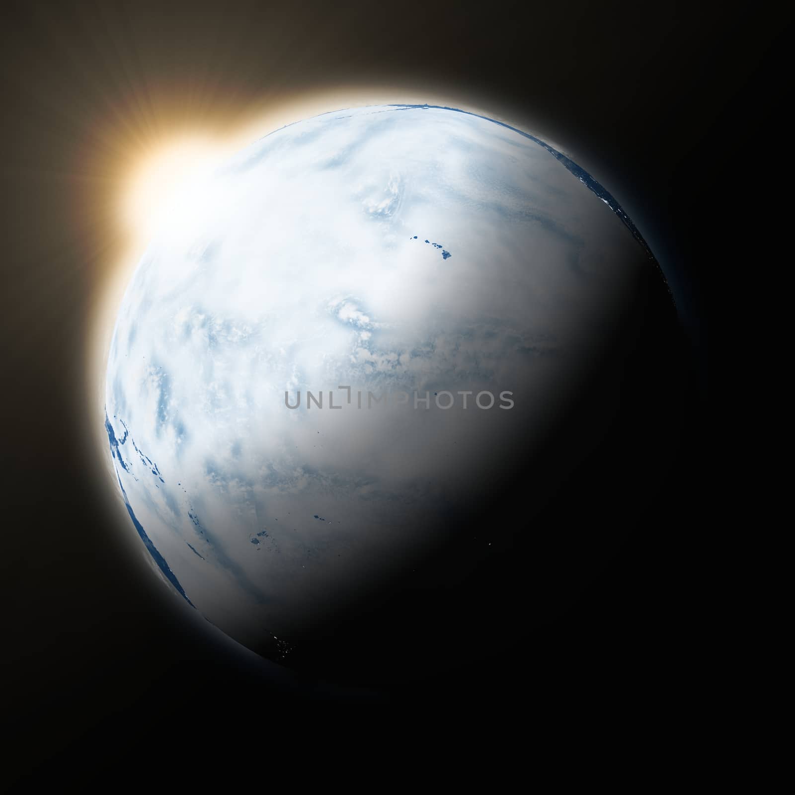 Sun over Pacific Ocean on blue planet Earth isolated on black background. Highly detailed planet surface. Elements of this image furnished by NASA.