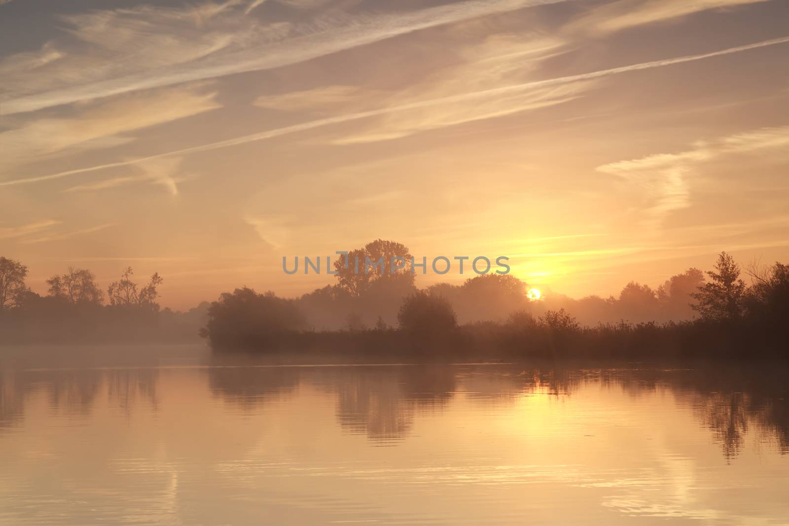 beautiful gold sunrise over wild lake, Drenthe, Netherlands