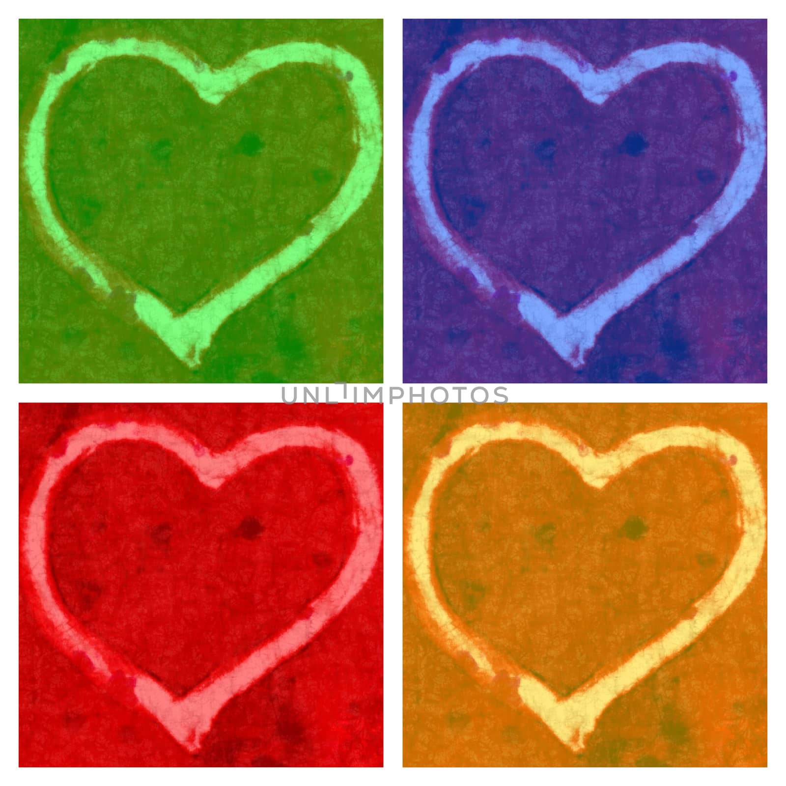 Painting of four hearts in four squares of green,blue,red and yellow with space for copy.