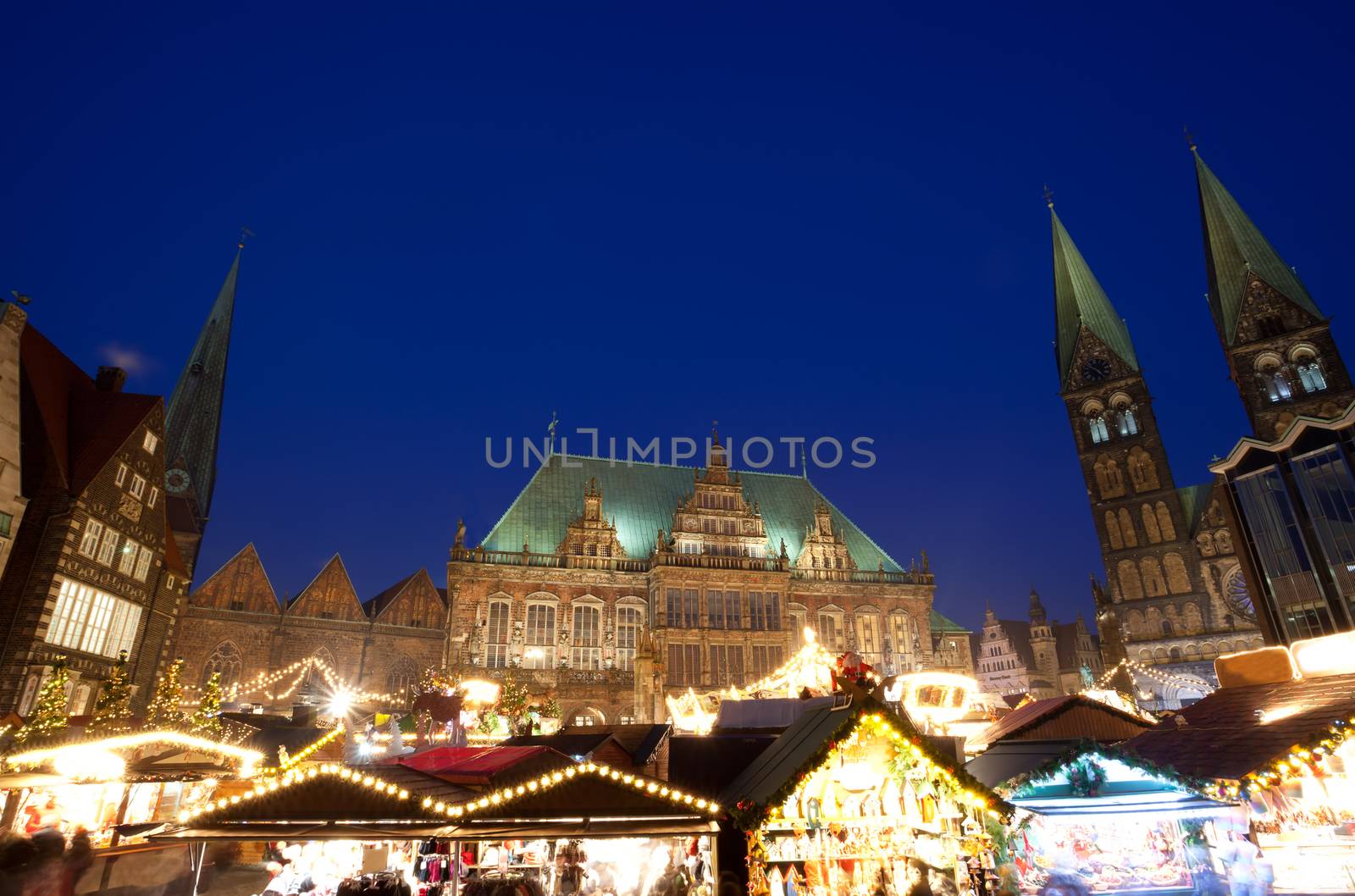 City Hall, Bremen Cathedral and Christmas market in Bremen by night, Germany