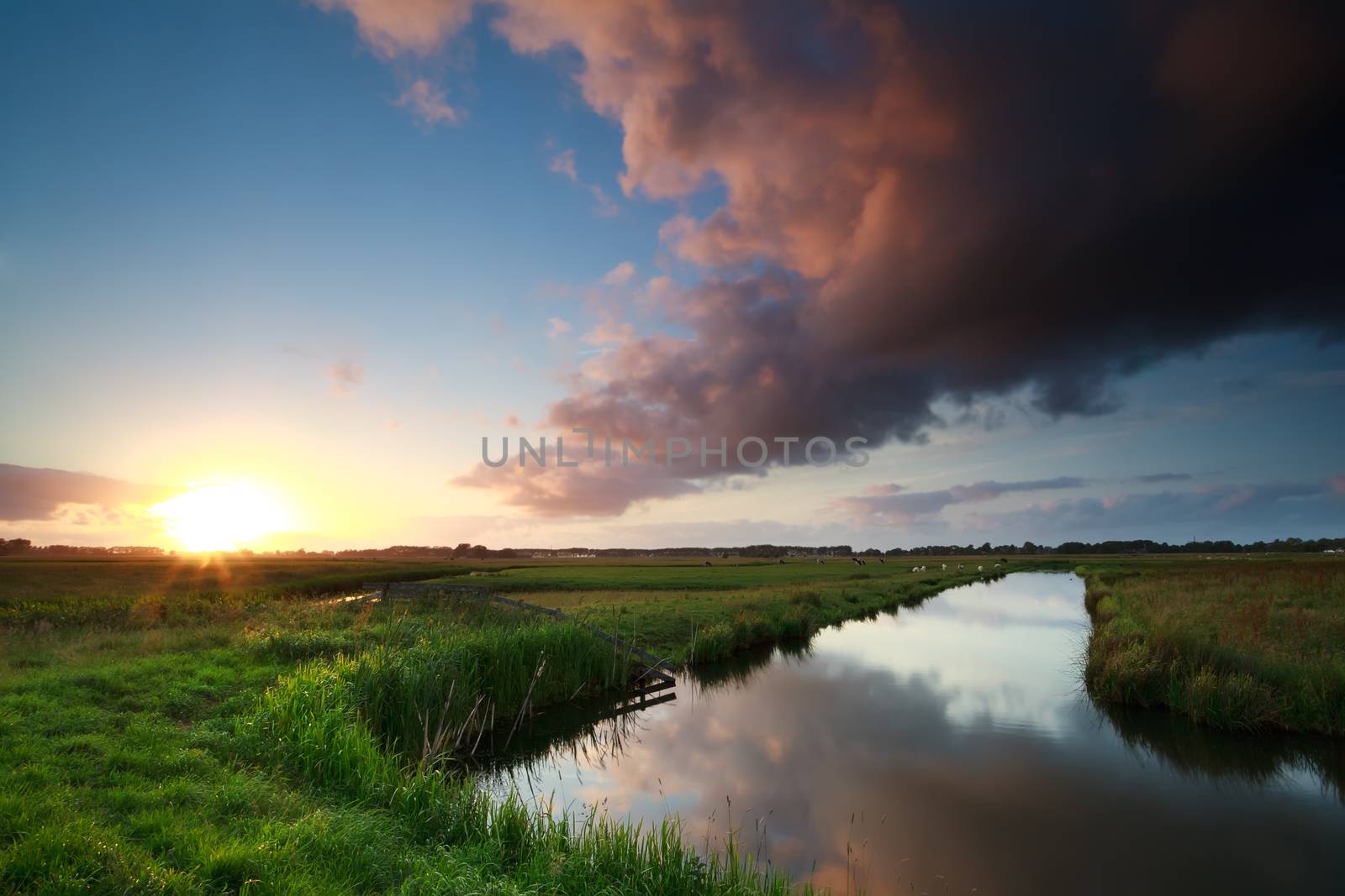 sunset over river on Dutch farmland, Groningen, Netherlands
