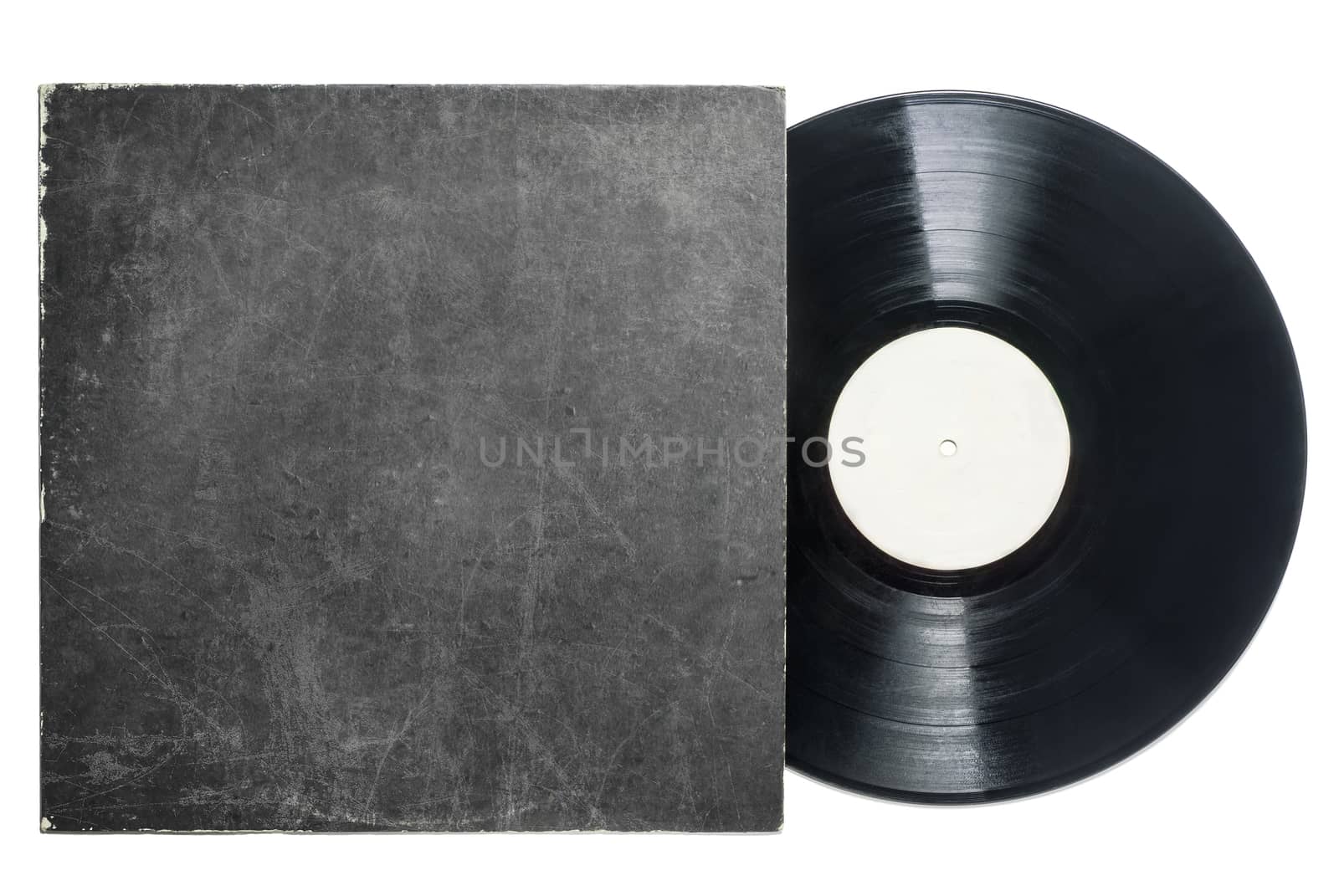 Old vinyl LP record with empty label and grungy cardboard cover on a white background.