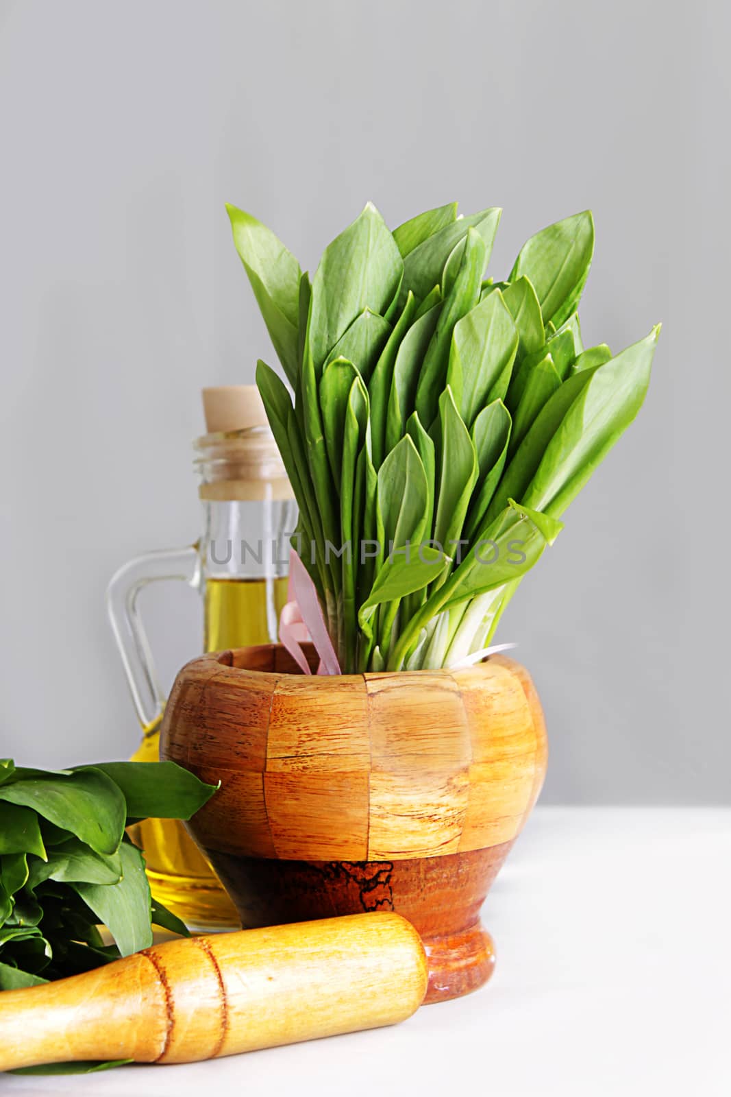Fresh wild onion leaves in mortar and pestle by Angel_a