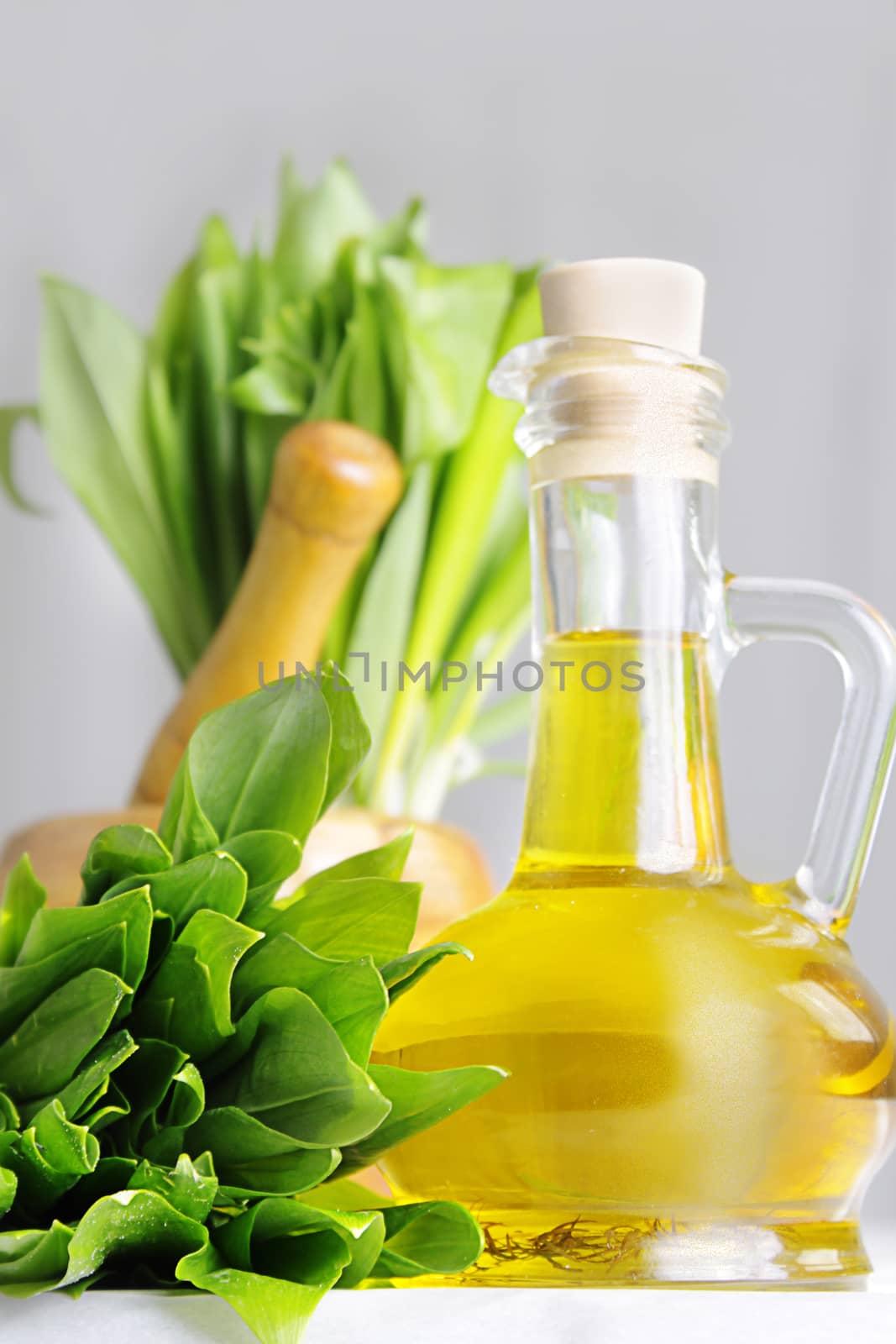 Cluster of fresh wild garlic leaves with mortar and oil