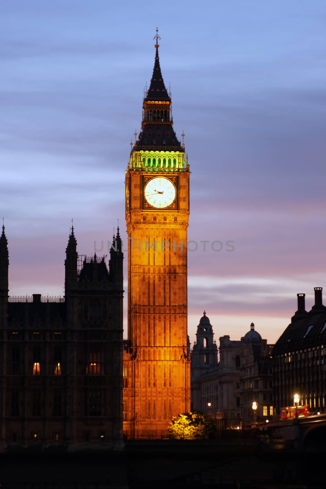Big Ben as seen standing by itself at sunset