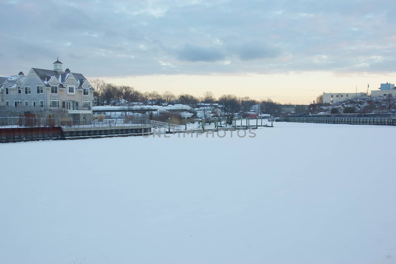 A snow covered Byram River in New York