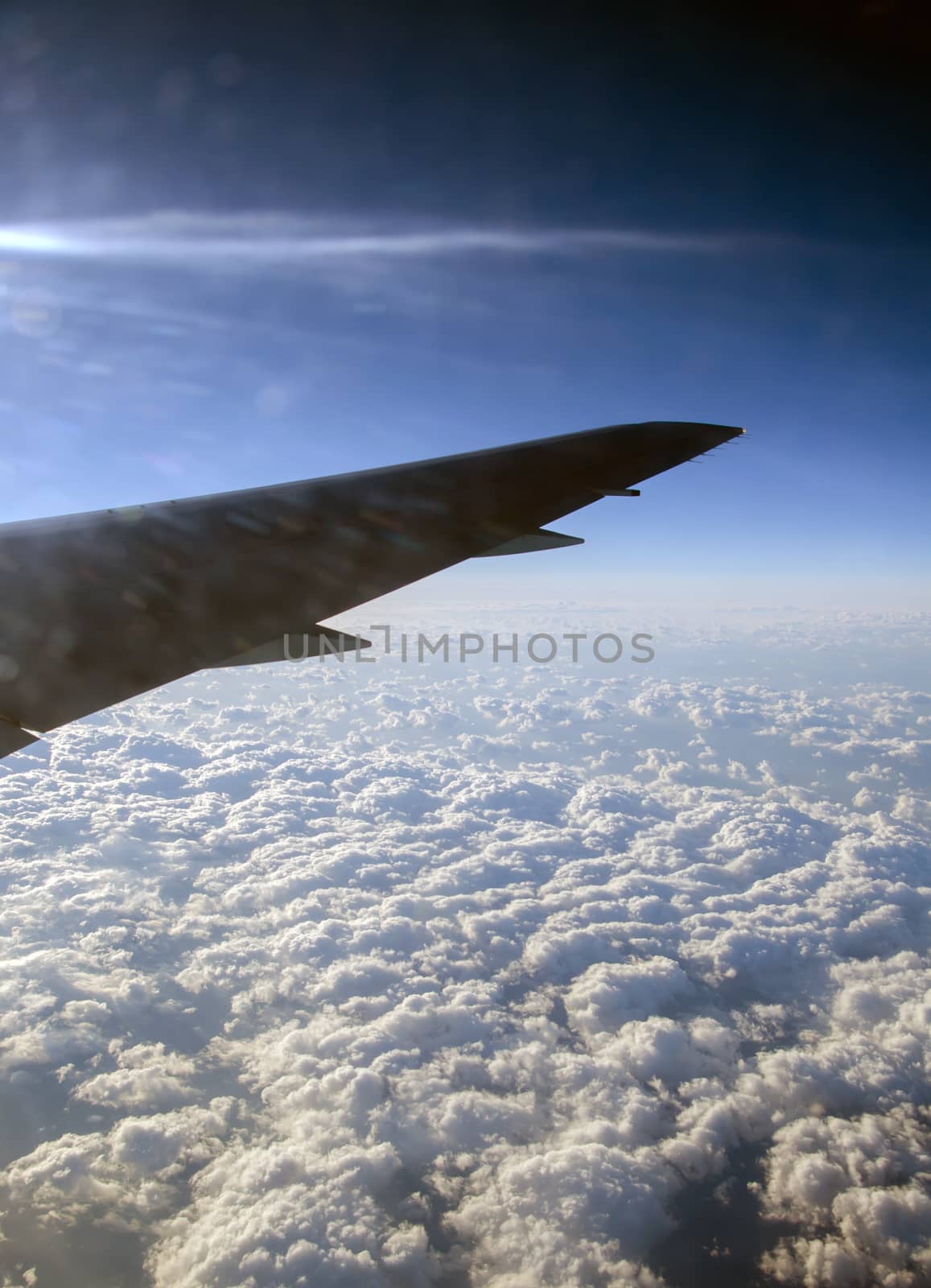 Wing of airplane flying above clouds by siraanamwong