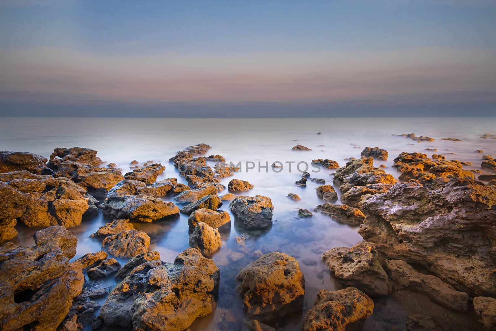 View of a winter Sea and rocks. Long exposure shot.