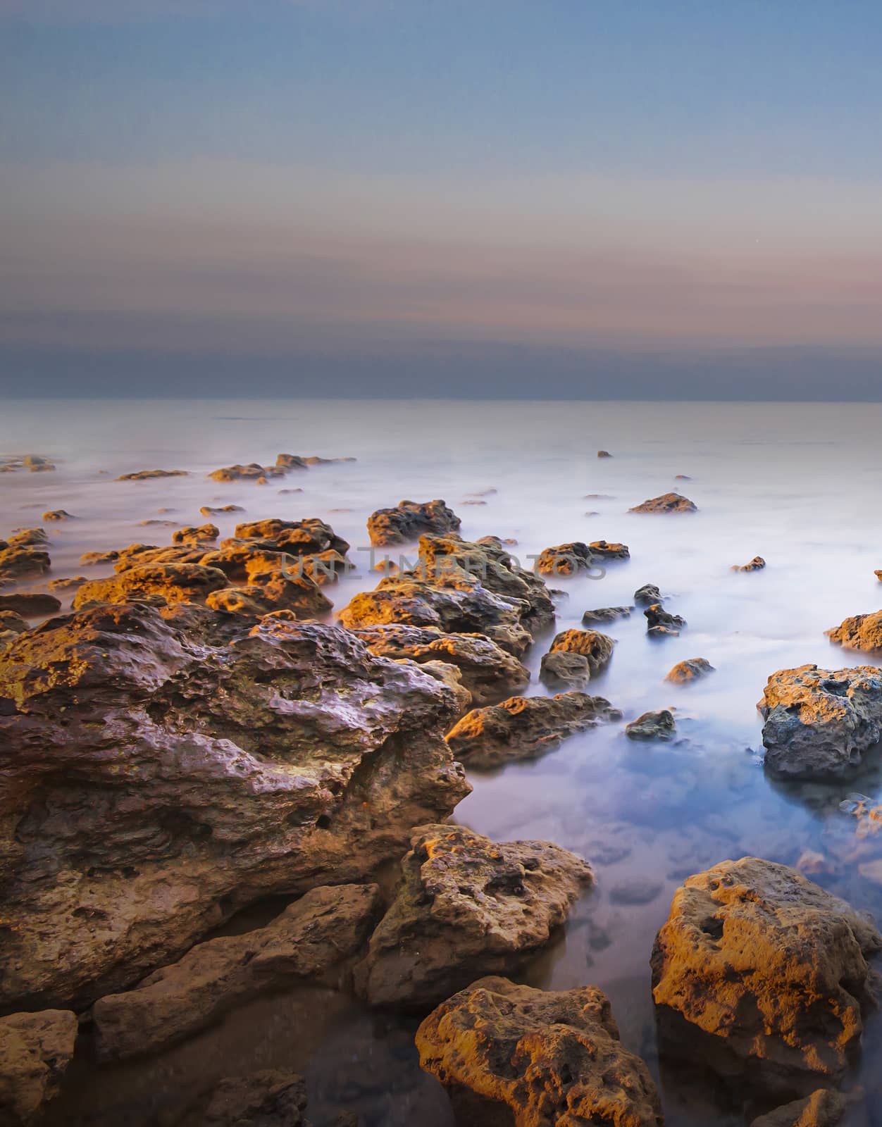 View of a winter Sea and rocks. Long exposure shot.