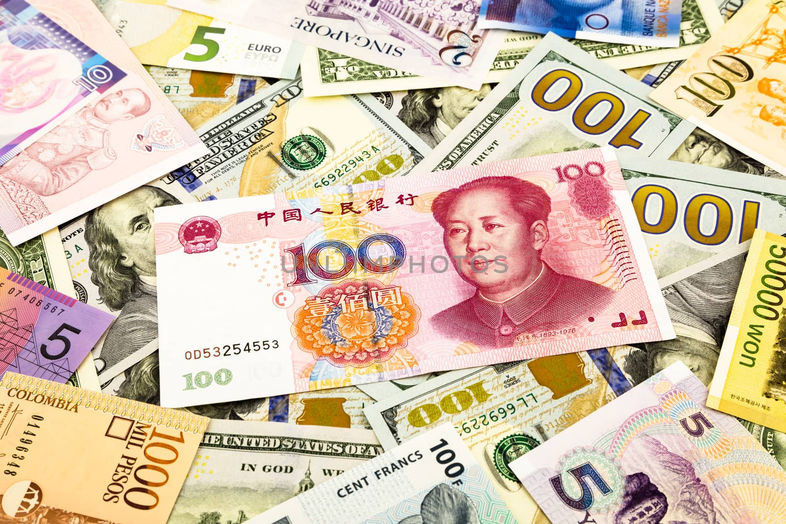 chinese and world currency money banknote, business and  financial concept