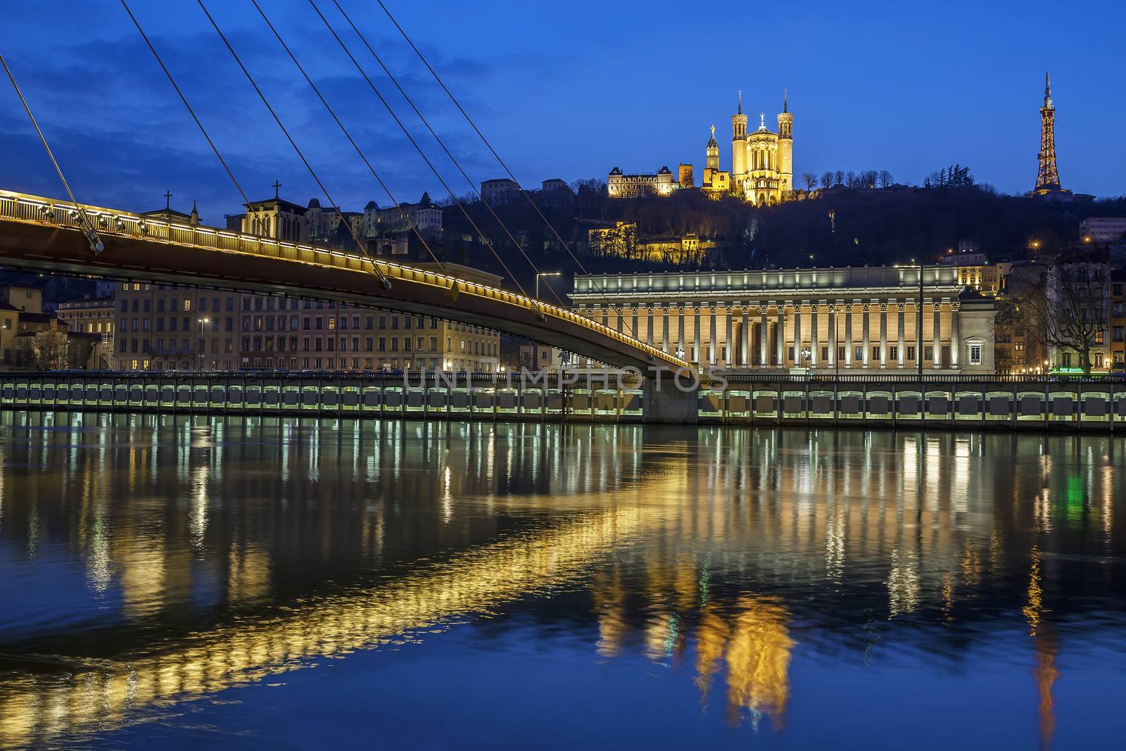 Beautiful view of Saone river at Lyon by night, France