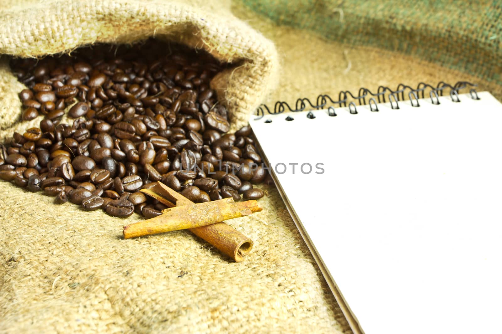 Notebook and coffee beans 