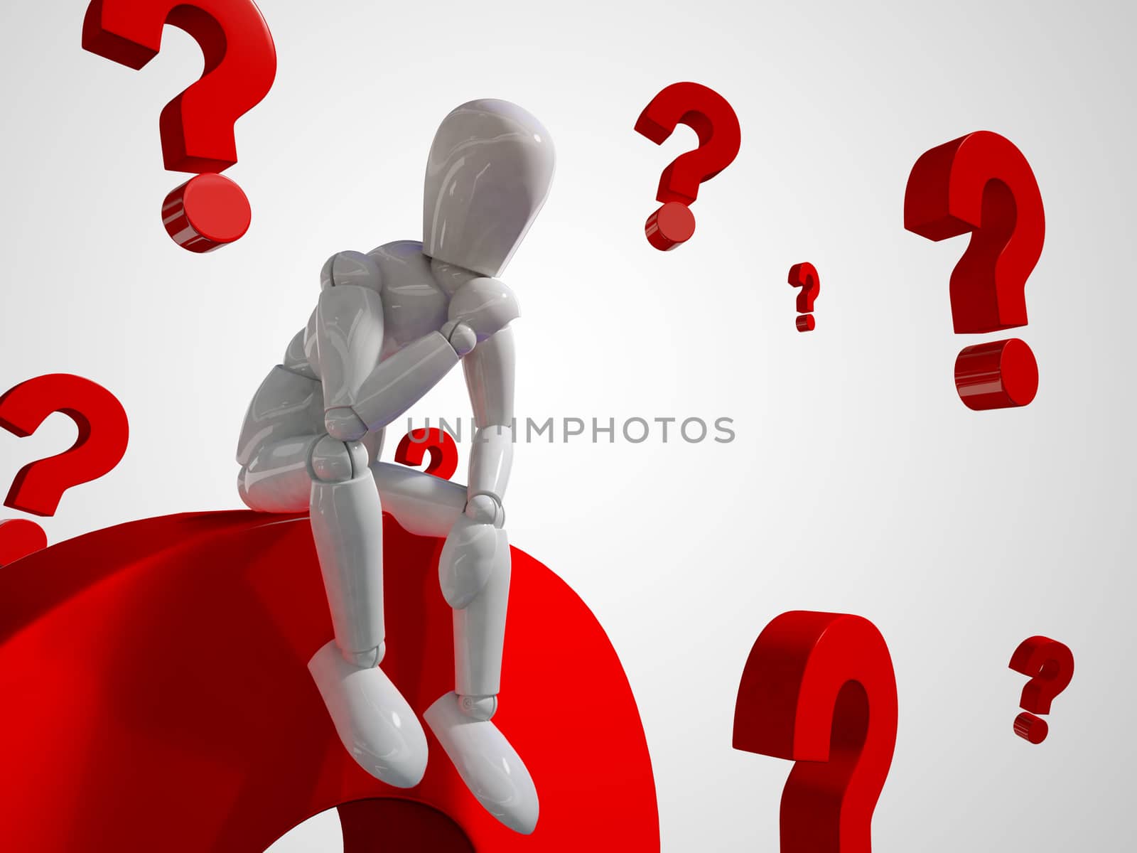 A puppet is thinking in a pile of question mark