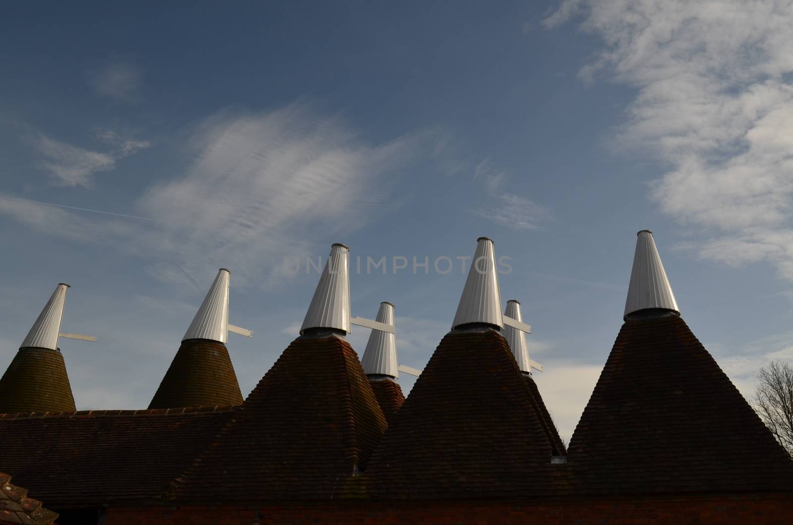Traditional Kent Oast Houses which were used for the drying of hops before the beer brewing process could begin.
