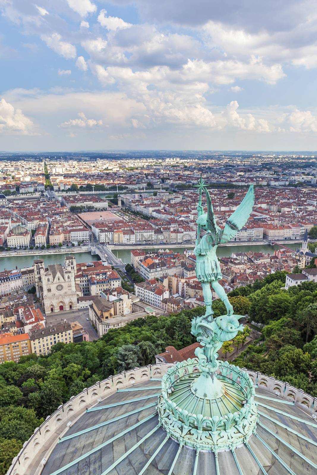 Aerial view of Lyon from the top of Notre Dame de Fourviere, France