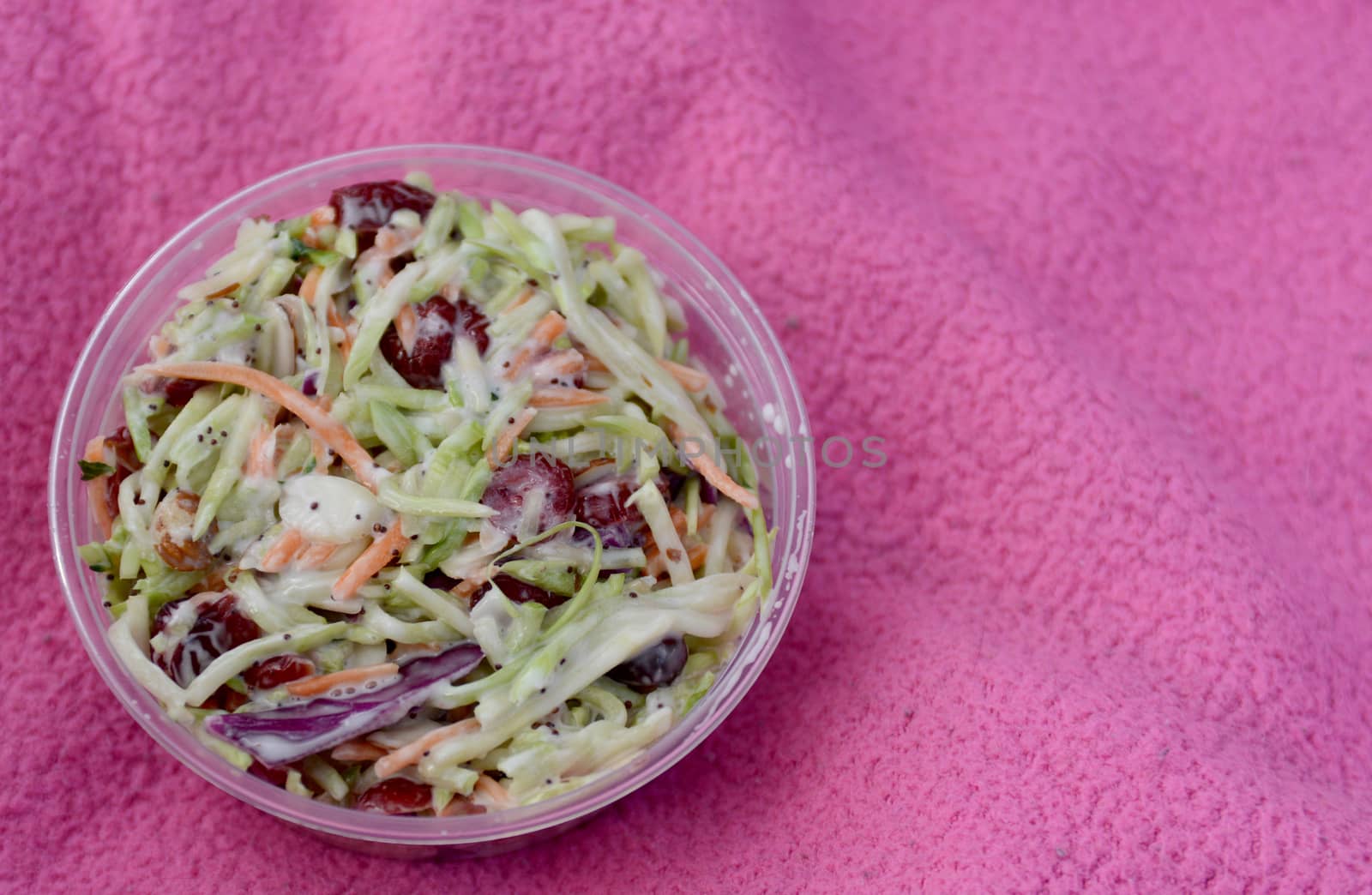 coleslaw in a plastic to-go container with copyspace