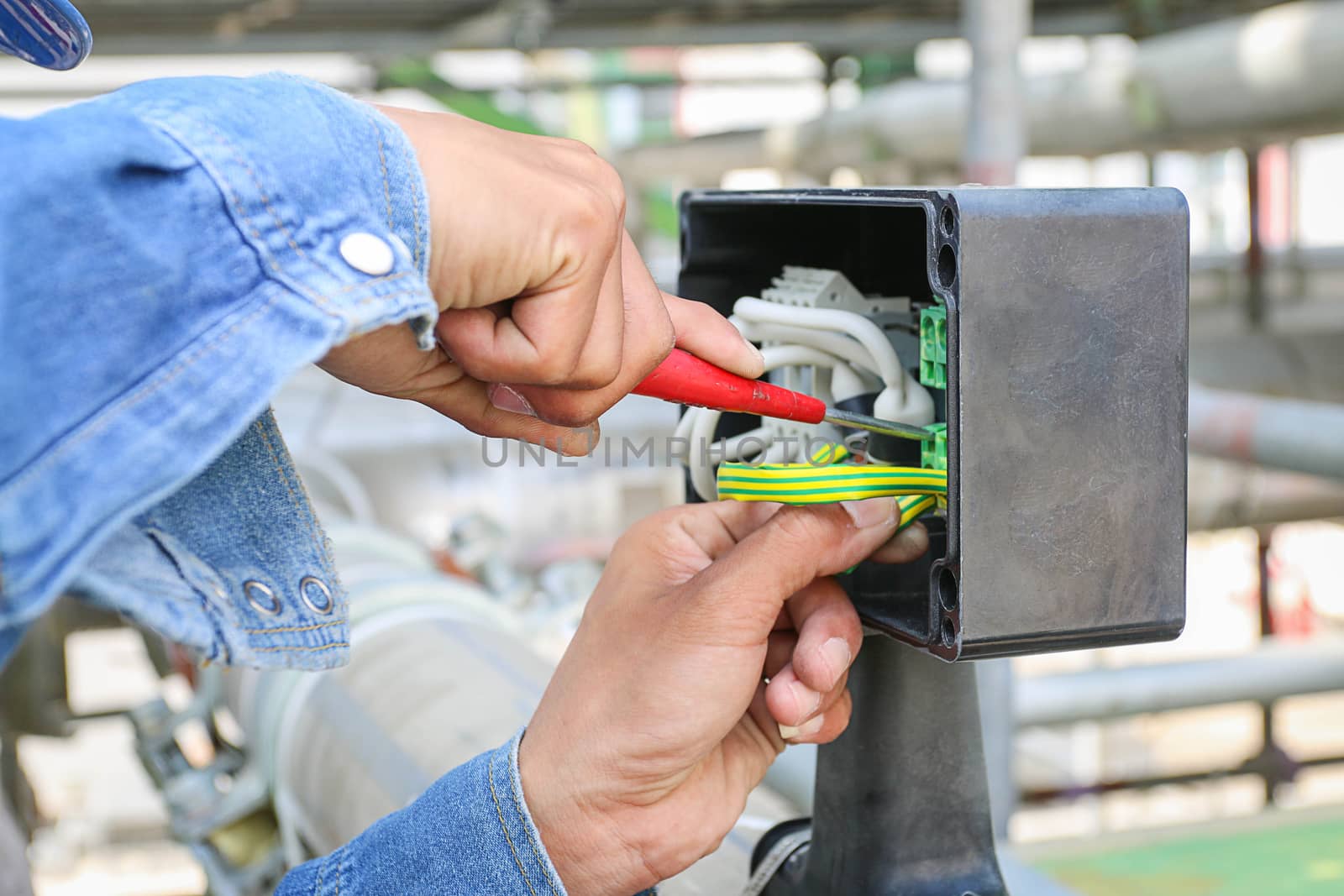 Technician use screwdriver tighten nut in junction box 