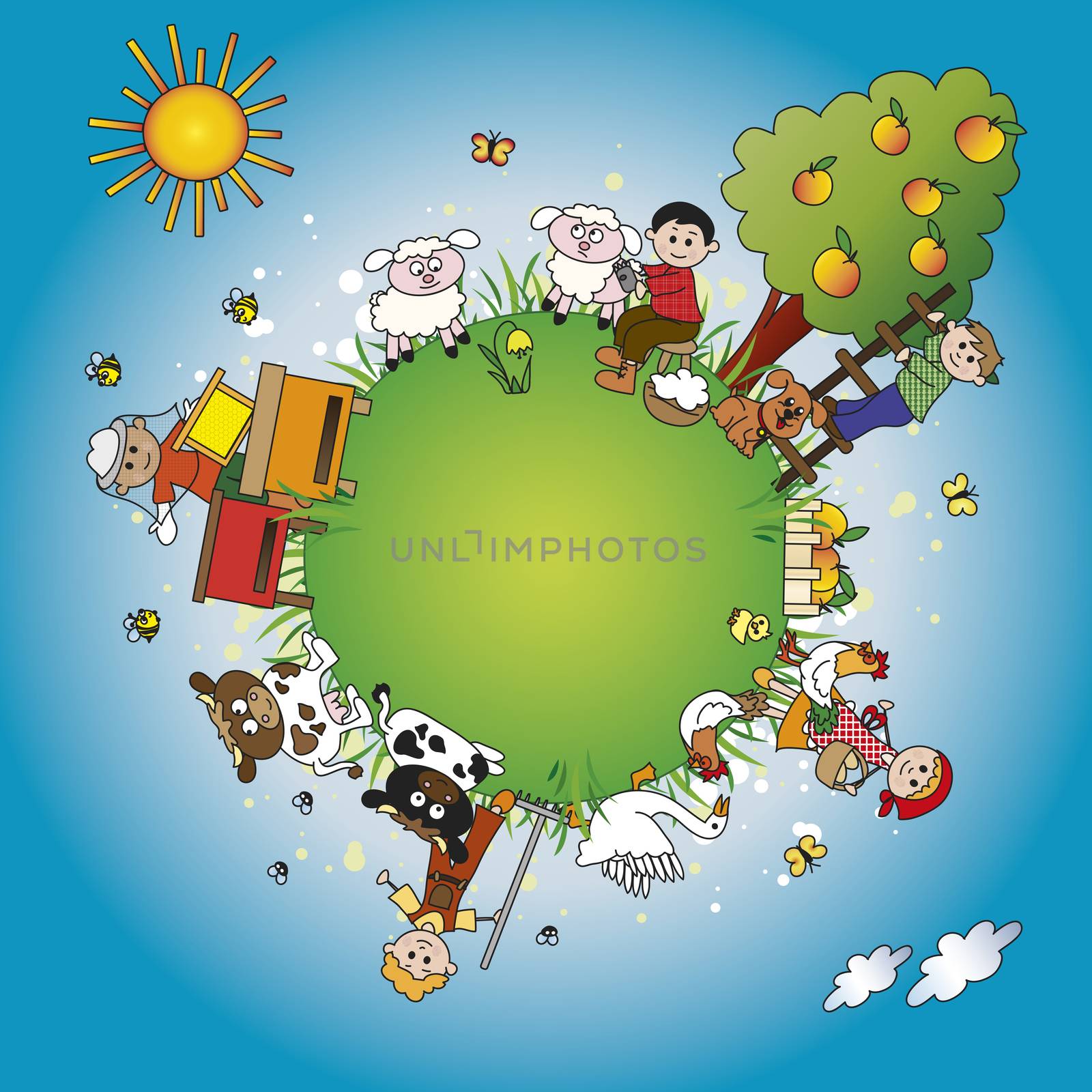 illustration of farm world with animals