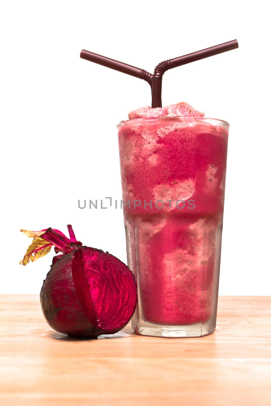 Healthy drink, Smoothie beetroot in glass on wood