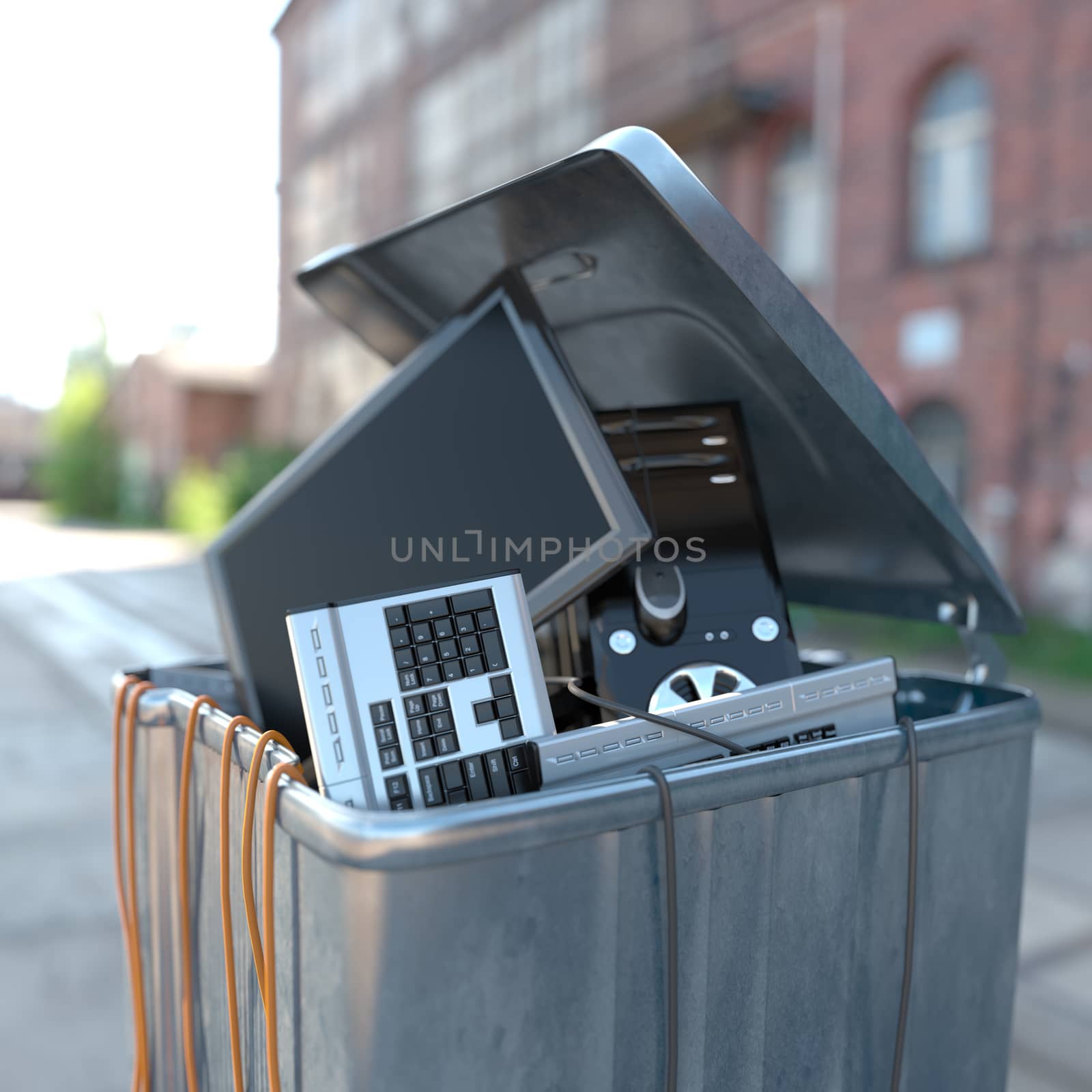 computers in a trash bin on a street by denisgo