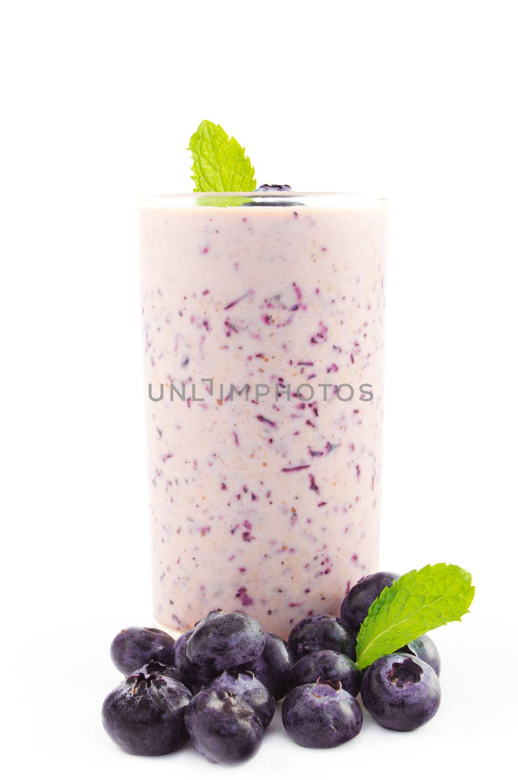 Blueberry smoothie with fresh blueberry on white background
