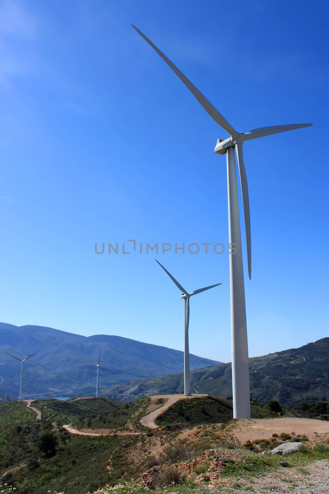 Wind turbines along the Sierra Nevada in Andalusia, Spain