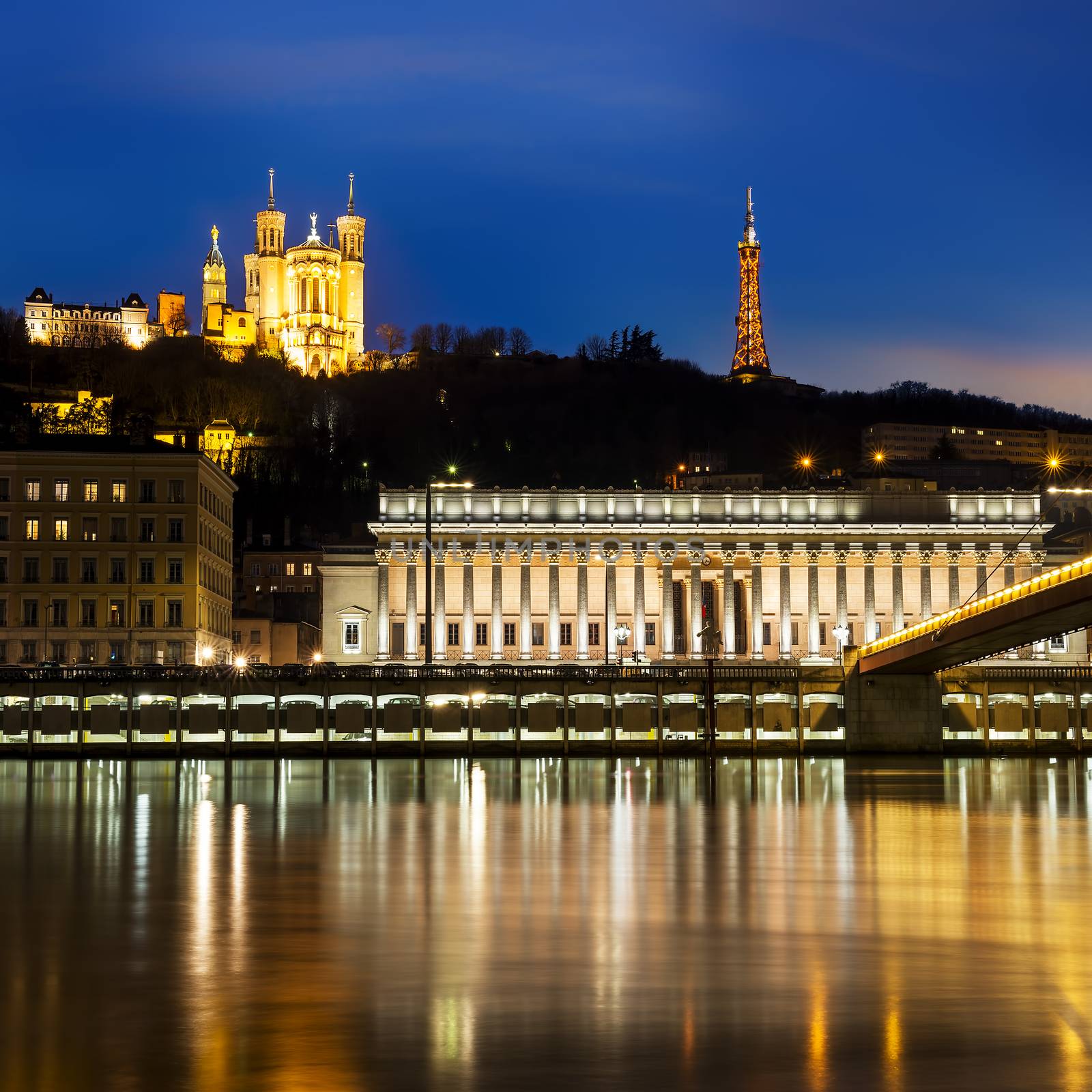 night view from Lyon city near the Fourviere cathedral and Saône river