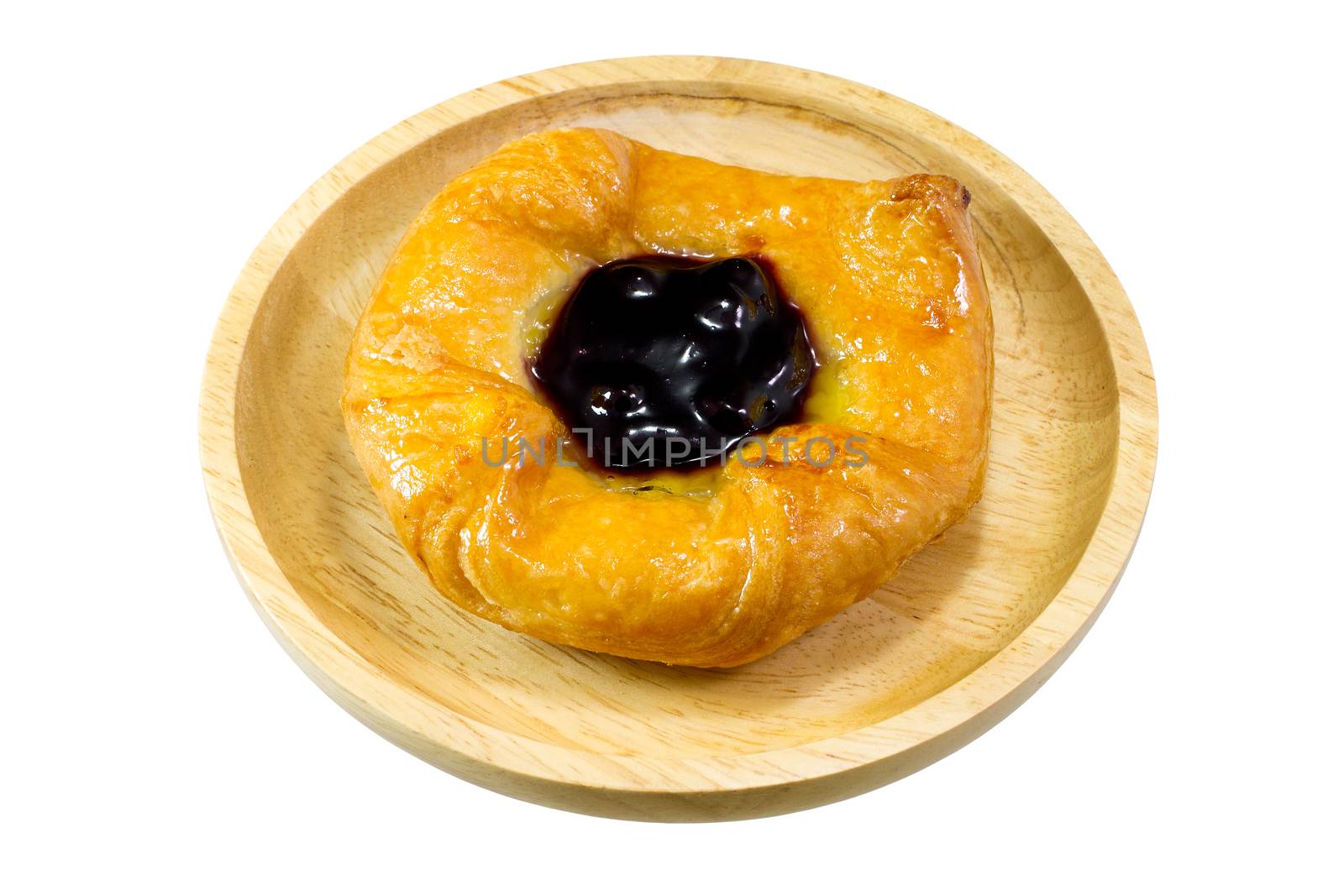 danish pastry with blueberries jam on white background