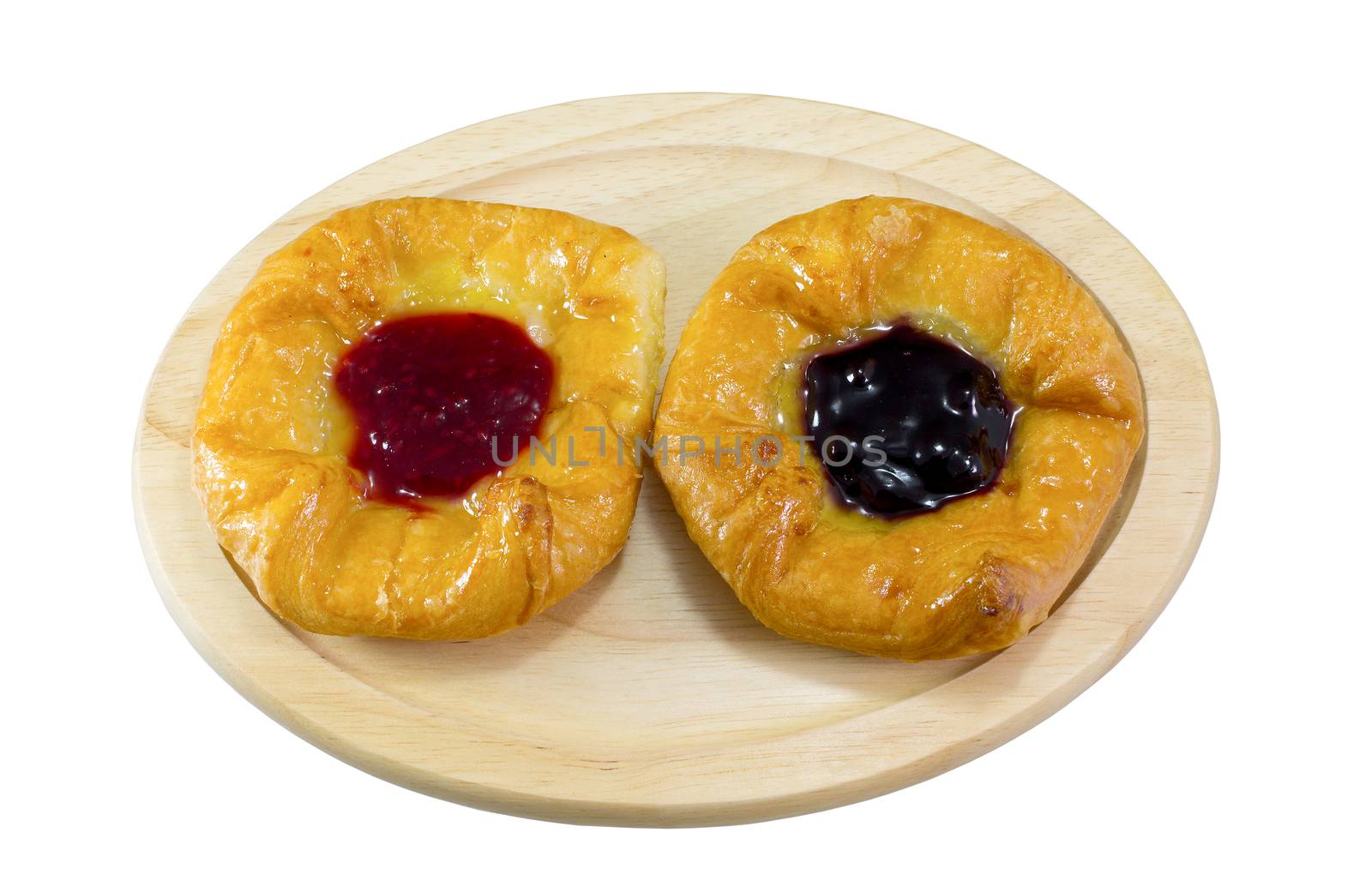 danish pastry with strawberries jam , blueberries jam on white background