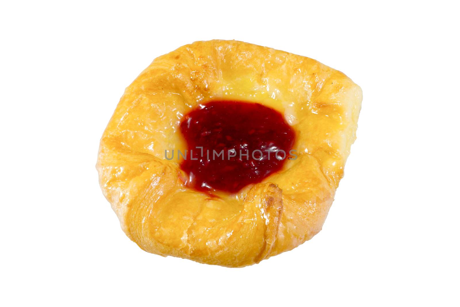 danish pastry with strawberries jam on white background