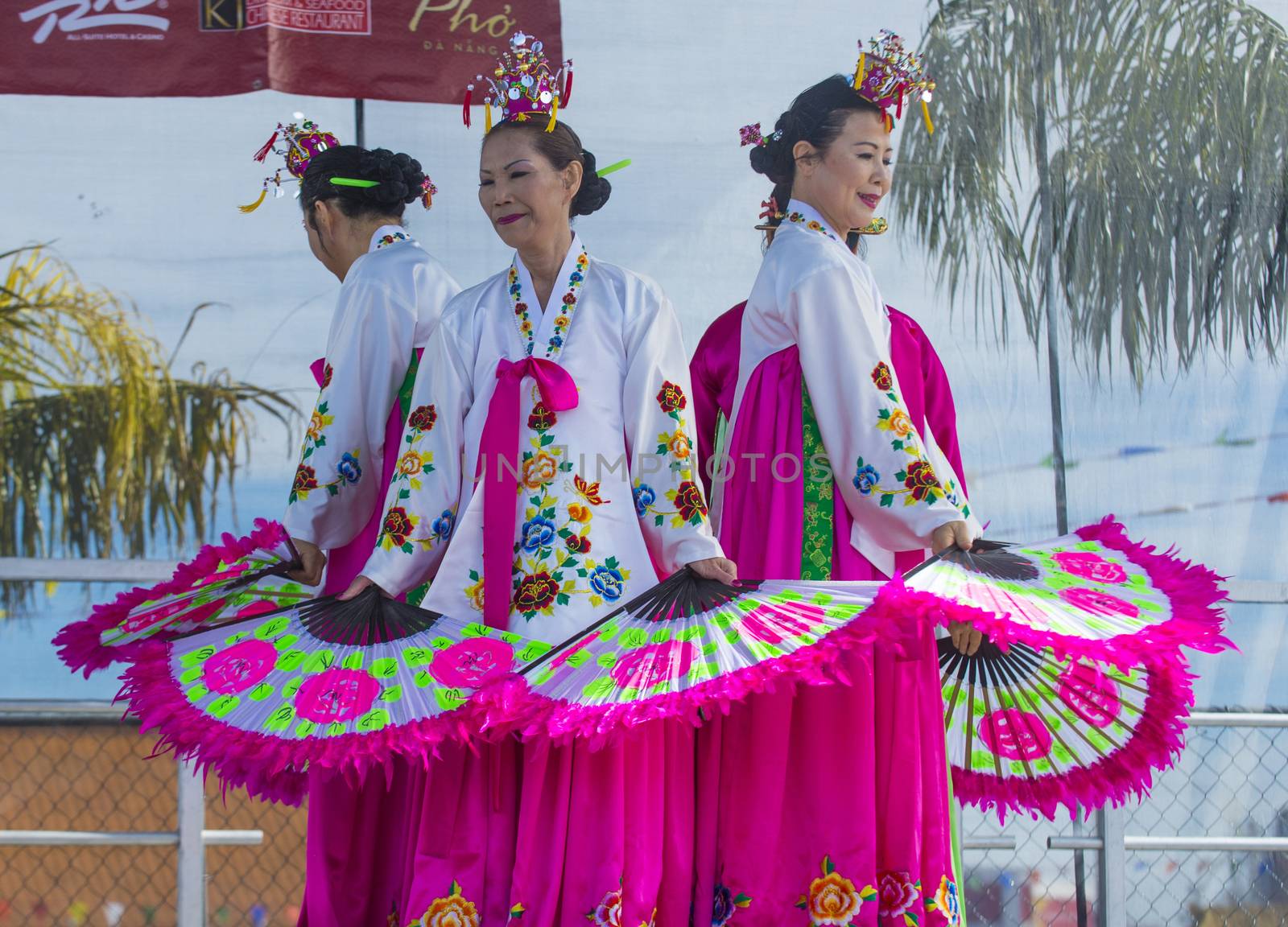 LAS VEGAS - FEB 09 : Chinese folk dancers perform at the Chinese New Year celebrations held in Las Vegas , Nevada on February 09 2014