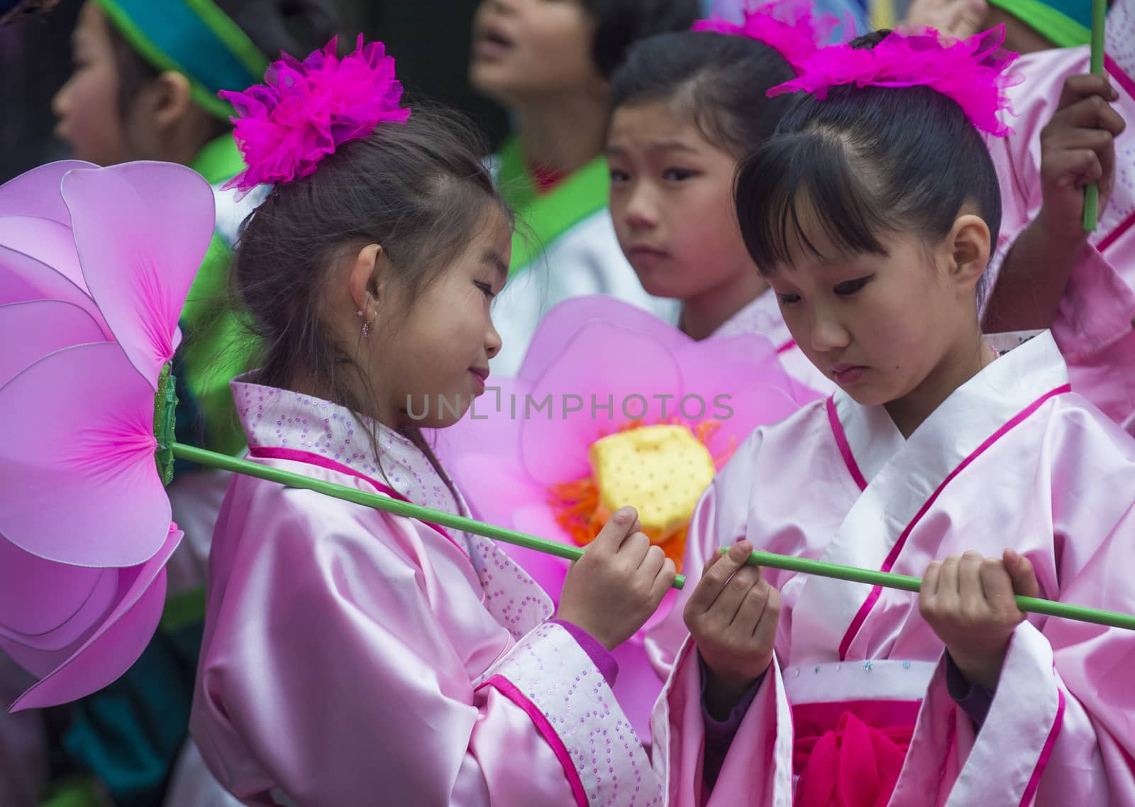 SAN FRANCISCO - FEB 15 : Unidentified dress up children performing during the Chinese New Year Parade in San Francisco , California on February 15 2014 , It is the largest Asian event in North America 