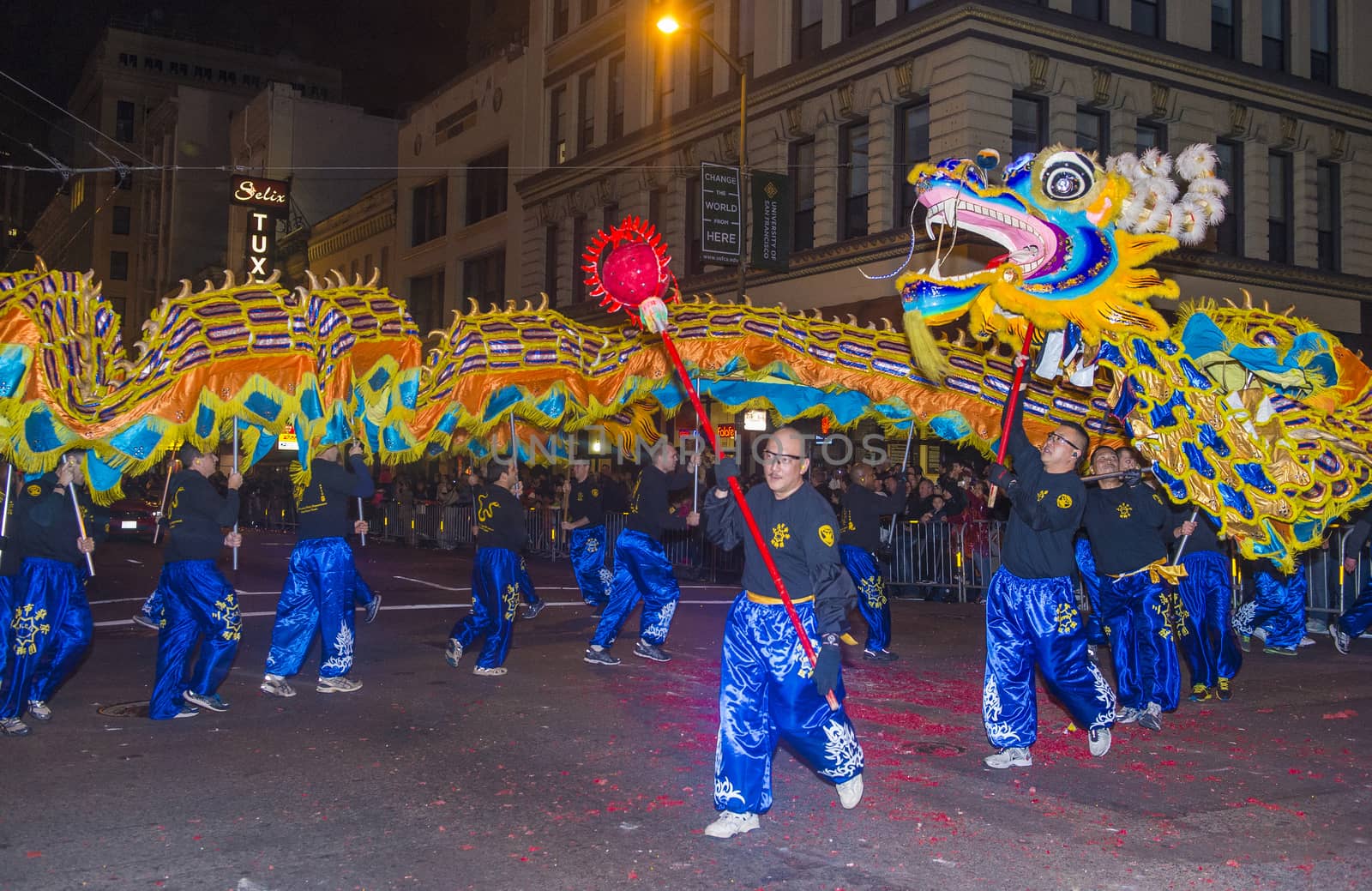 SAN FRANCISCO - FEB 15 : An unidentified participants in a Dragon dance at the Chinese New Year Parade in San Francisco , California on February 15 2014 , It is the largest Asian event in North America 