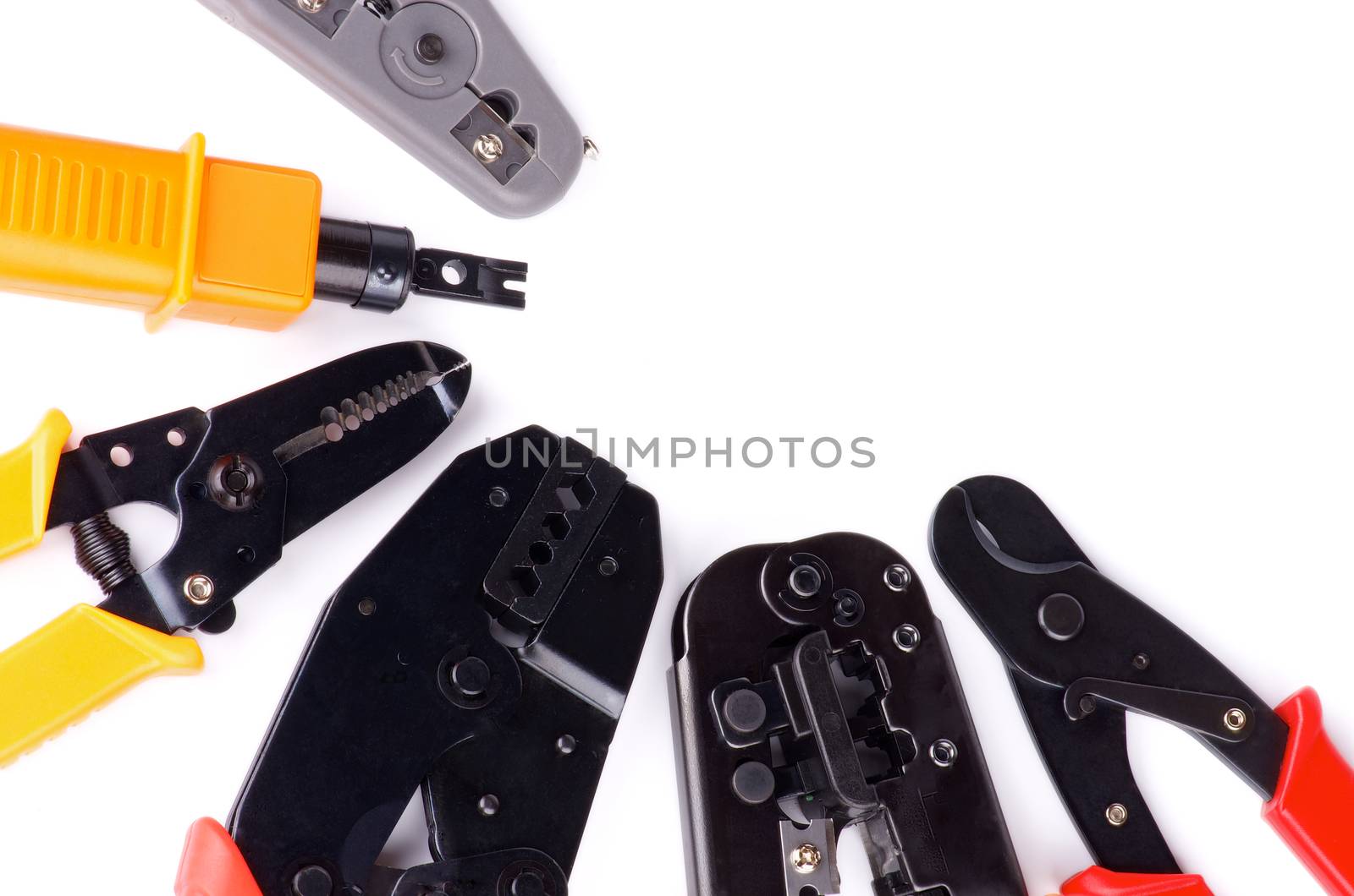 Arrangement of Crimp Tools to attaching Computer Network isolated on White background