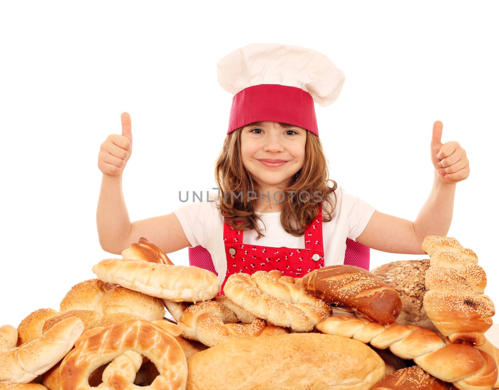 little girl bakery with thumbs up and breads