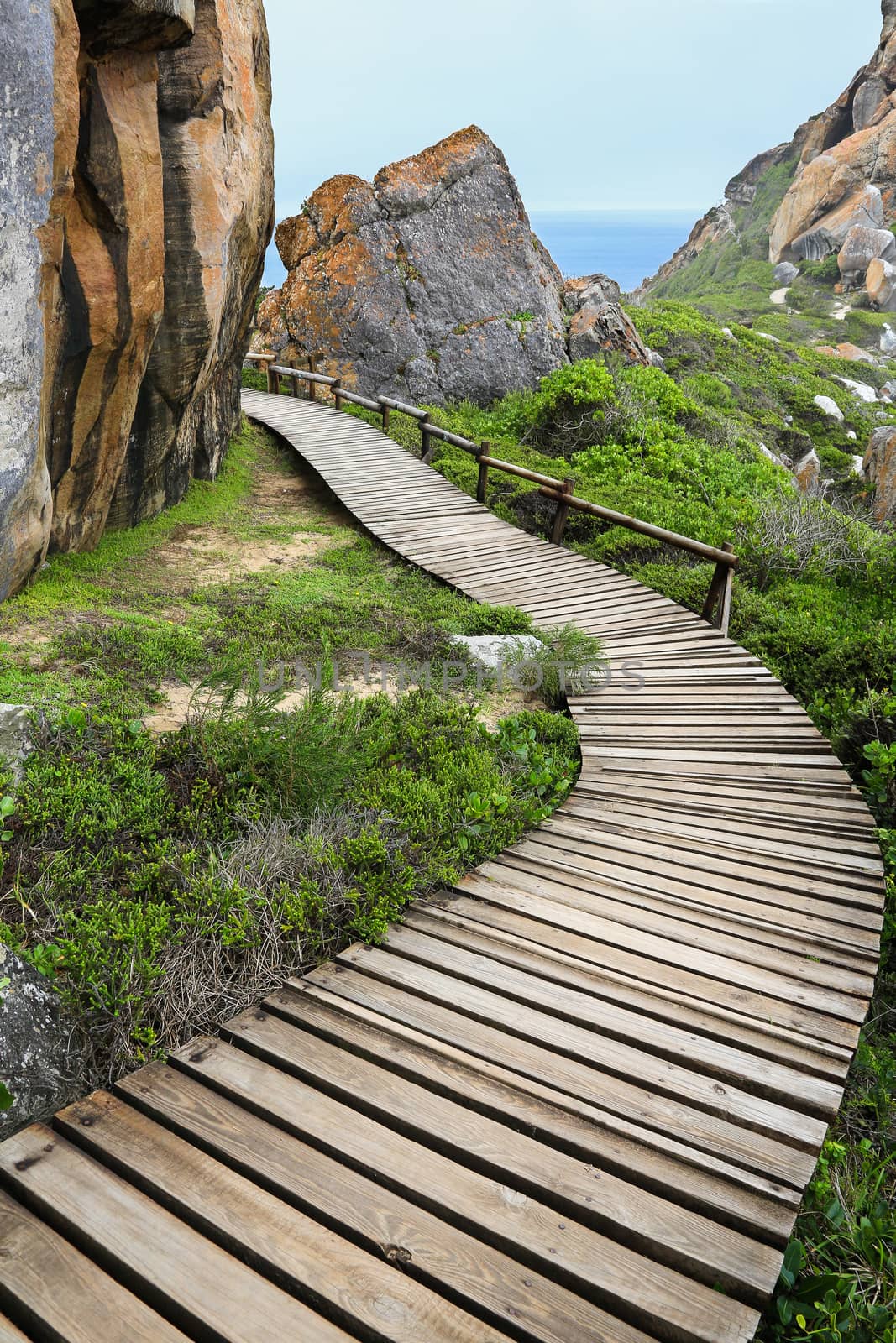 Wooden slatted walkway over the vegetation and between rocks at the coast in South Africa