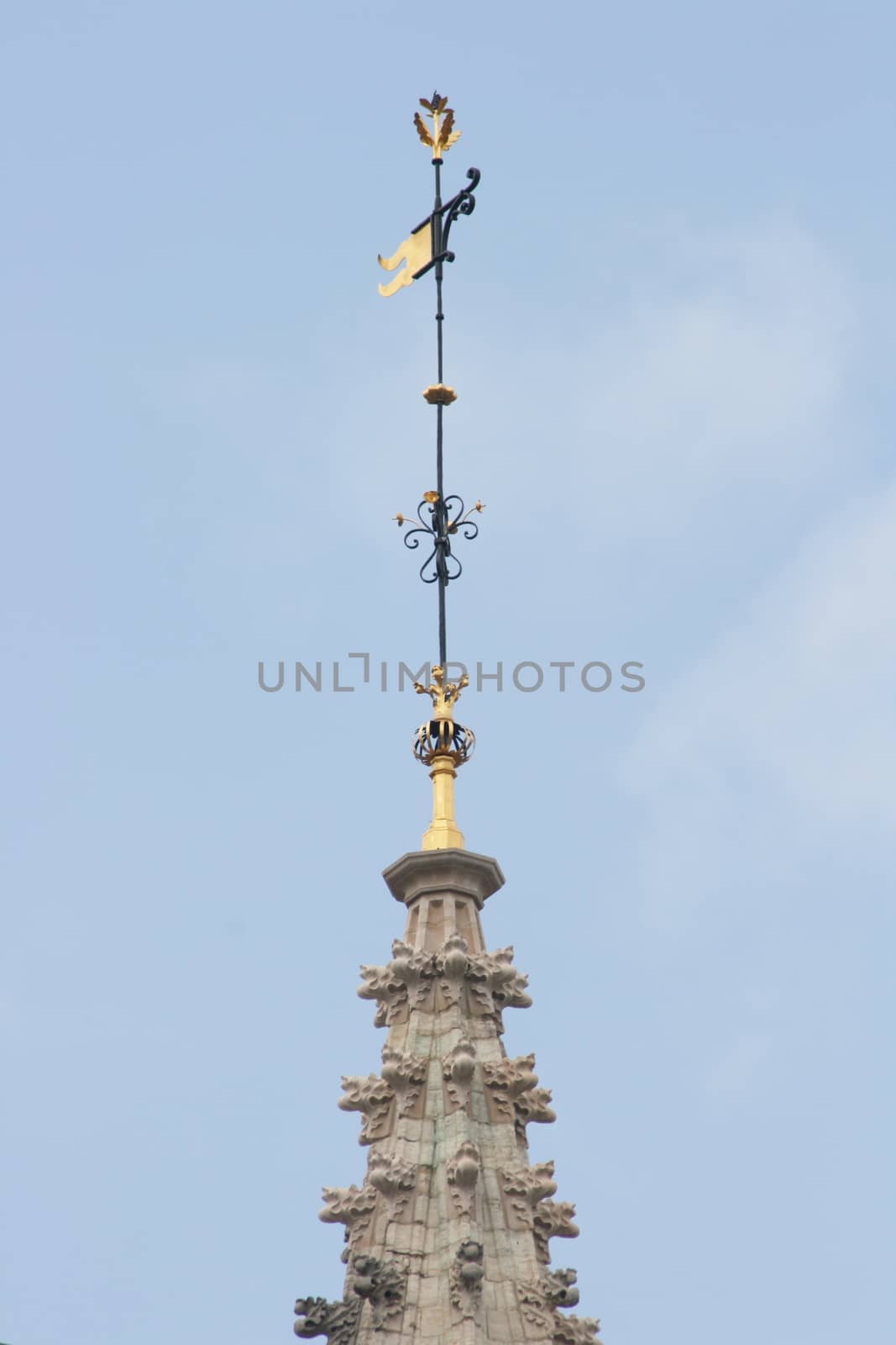 Spire with gold-trimmed weathercock, and blue sky in background