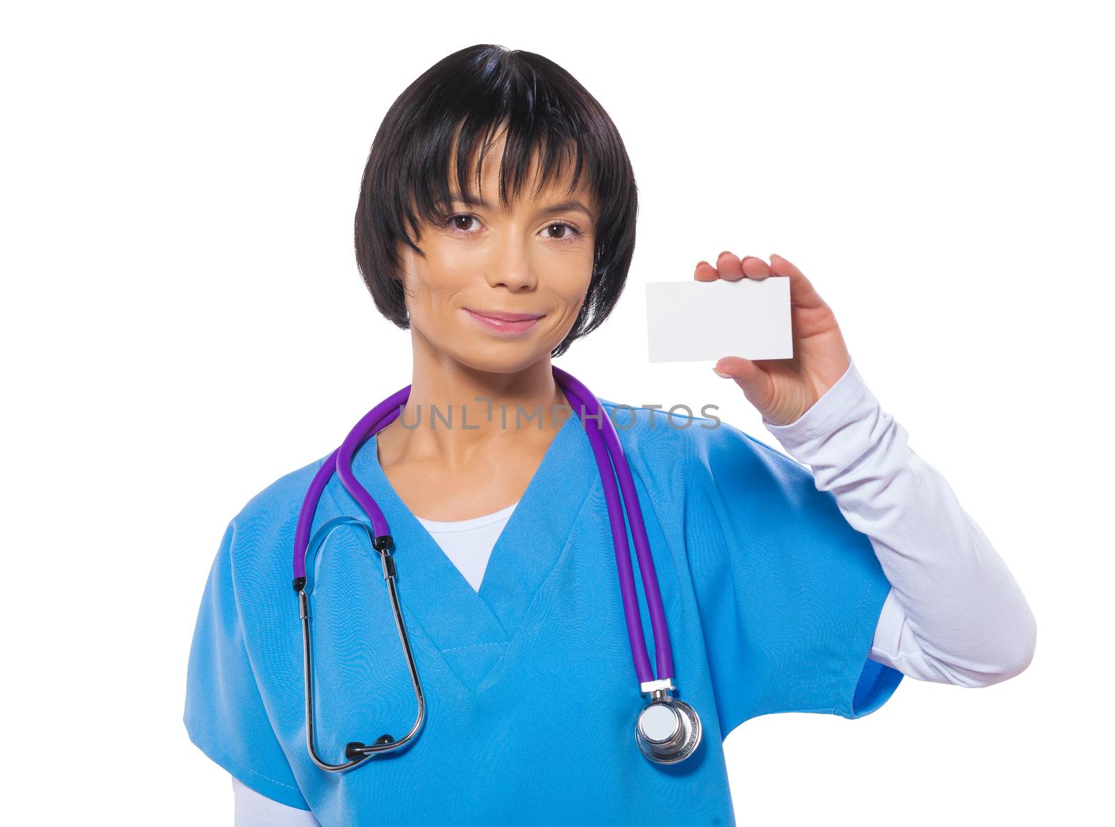 asian female doctor showing white card isolated