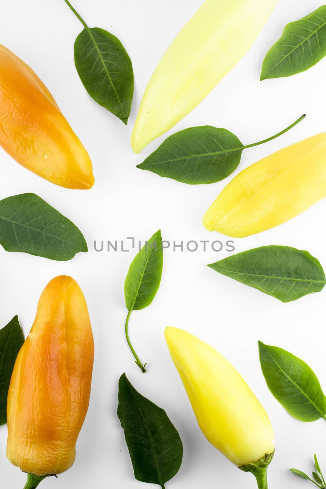 orange and yellow hot chili pepper with leaves on a white background