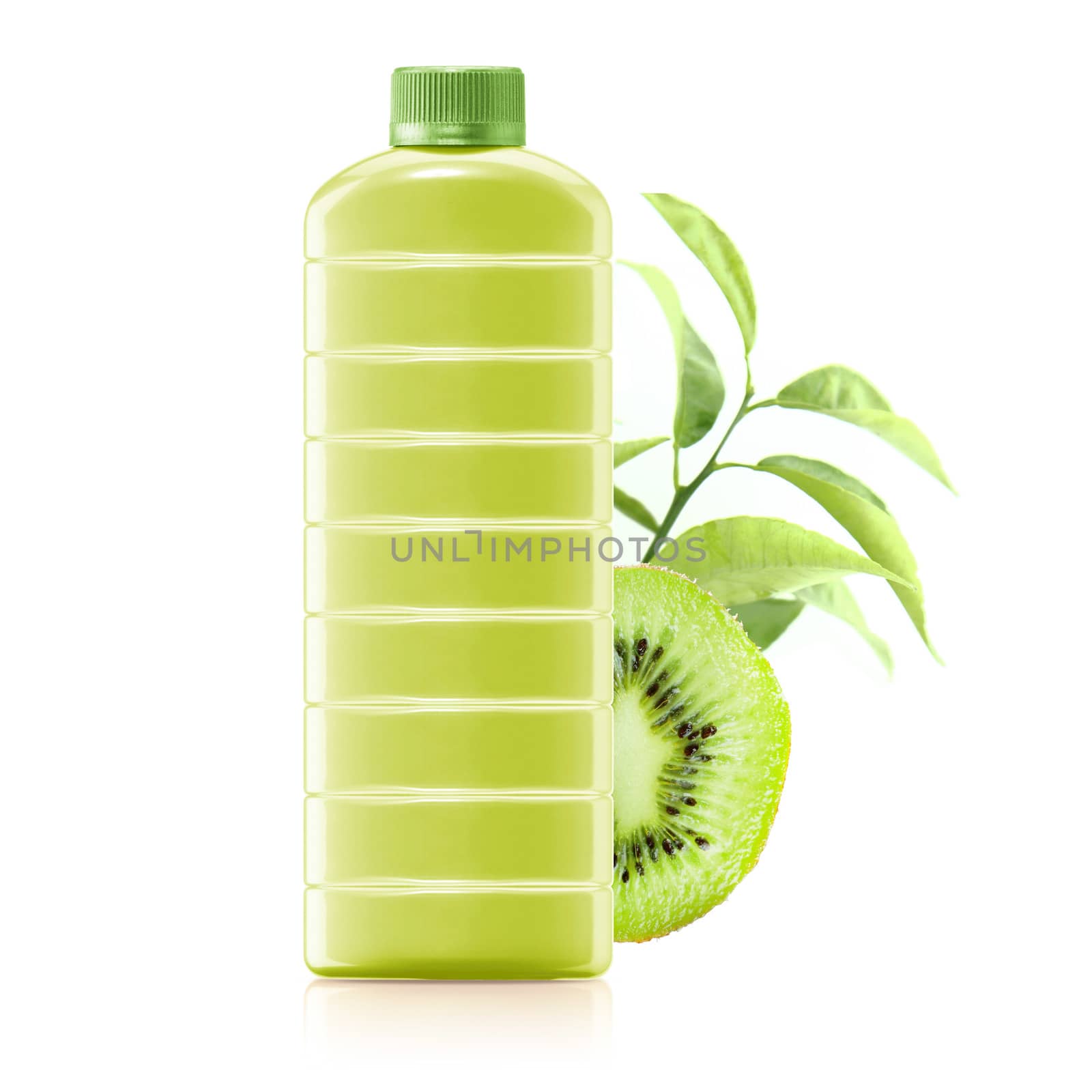 kiwi juice in a plastic container jug with fresh kiwi and leaves on a white background.